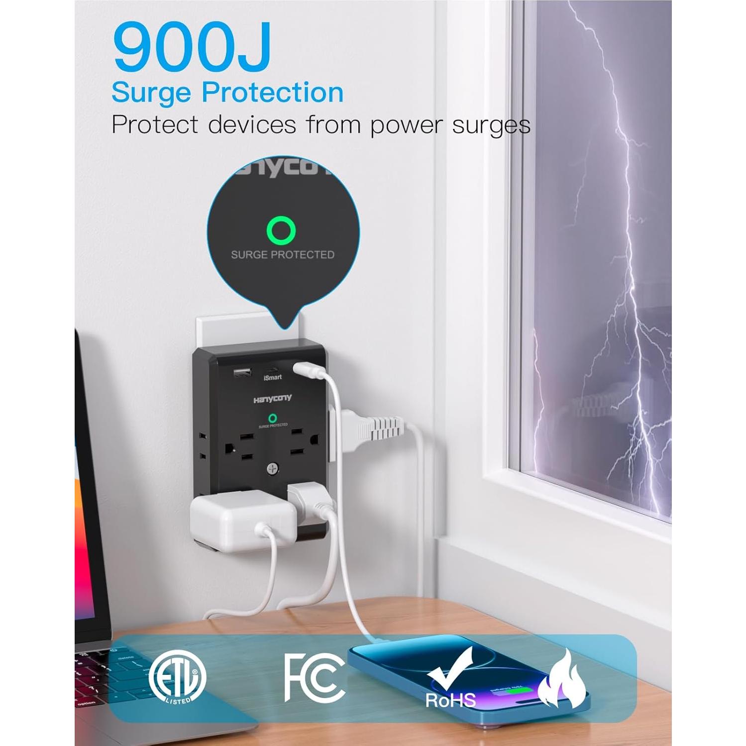 Regleta Extensora HANYCONY 8 Salidas + 3 USB C, 900J