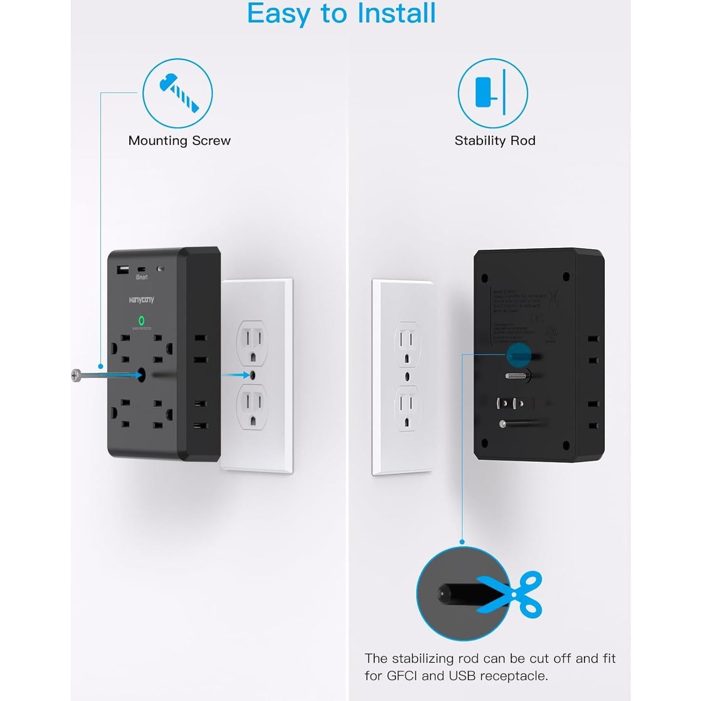 Regleta Extensora HANYCONY 8 Salidas + 3 USB C, 900J