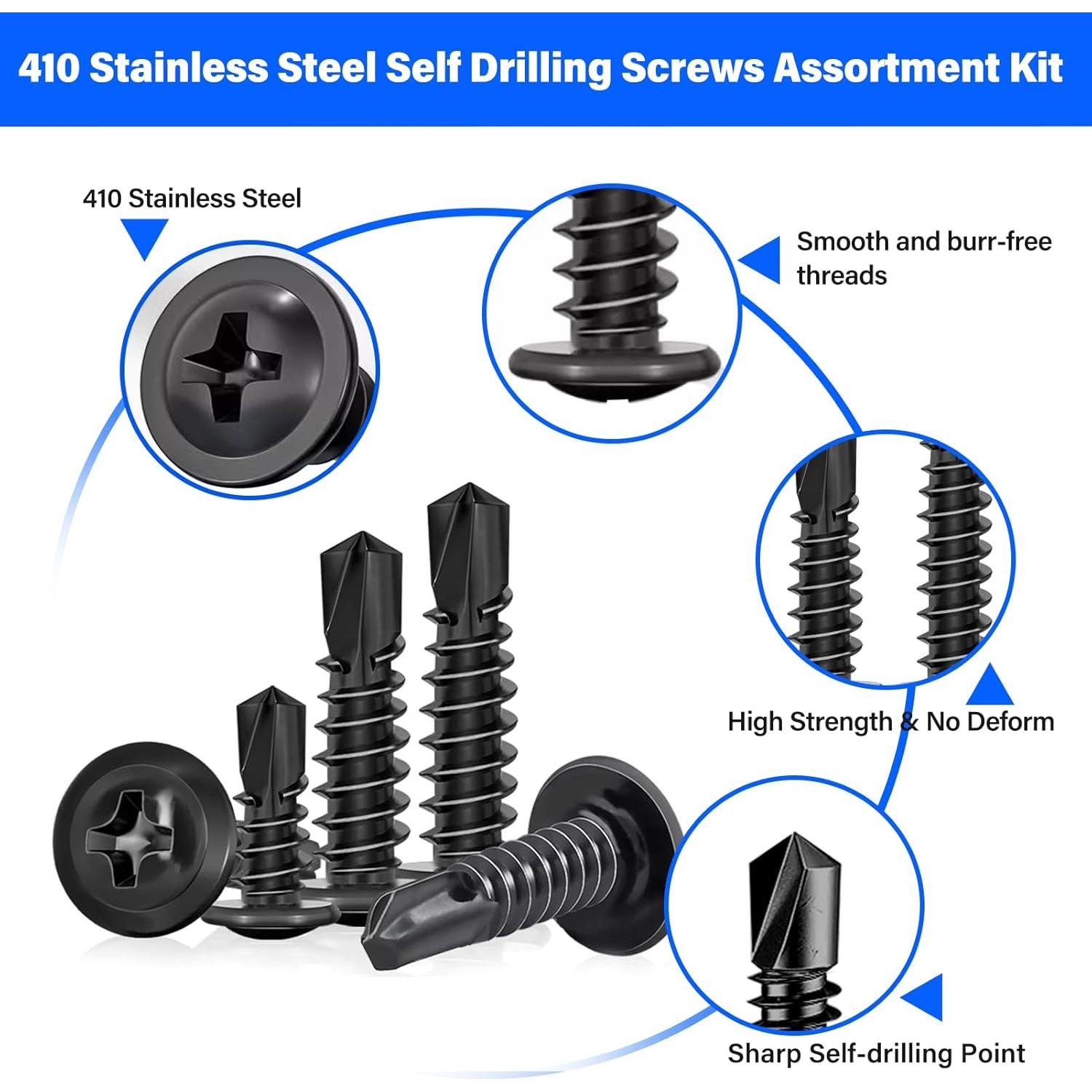 Kit 450 Tornillos Autoperforantes Acero Inoxidable 410 Negro