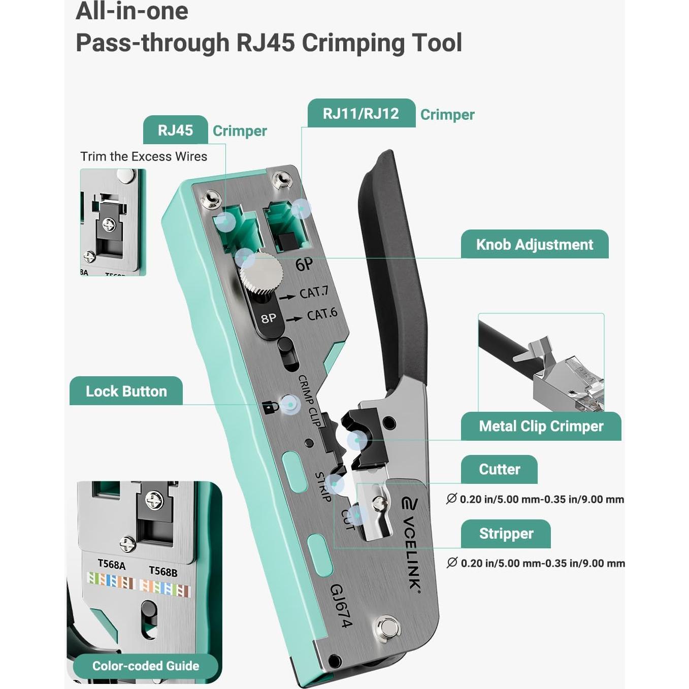 Crimpadora RJ45 VCELINK Ajustable para CAT5/CAT6/CAT7 Verde