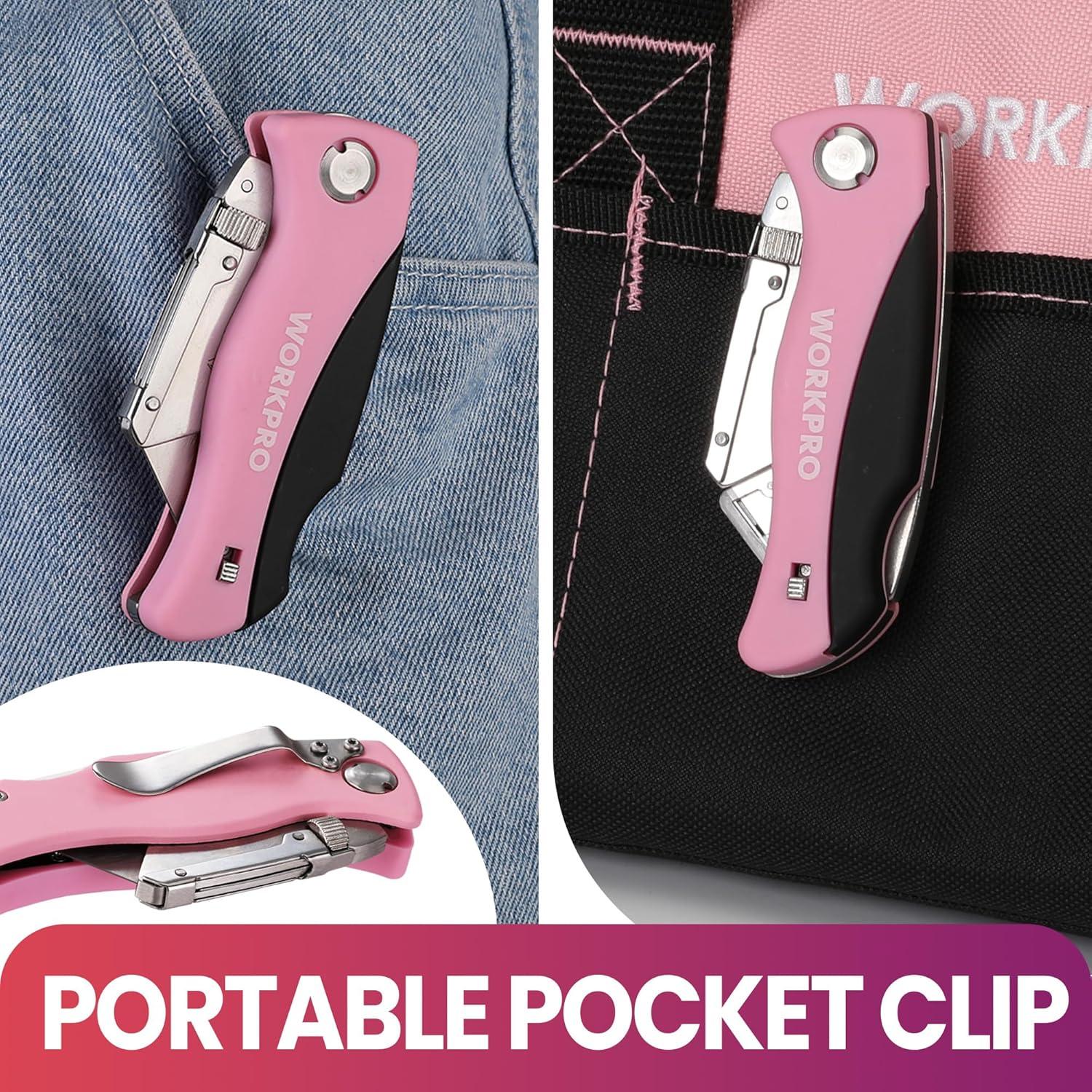 Cuchillo Utilitario Plegable WORKPRO Rosa con 15 Cuchillas
