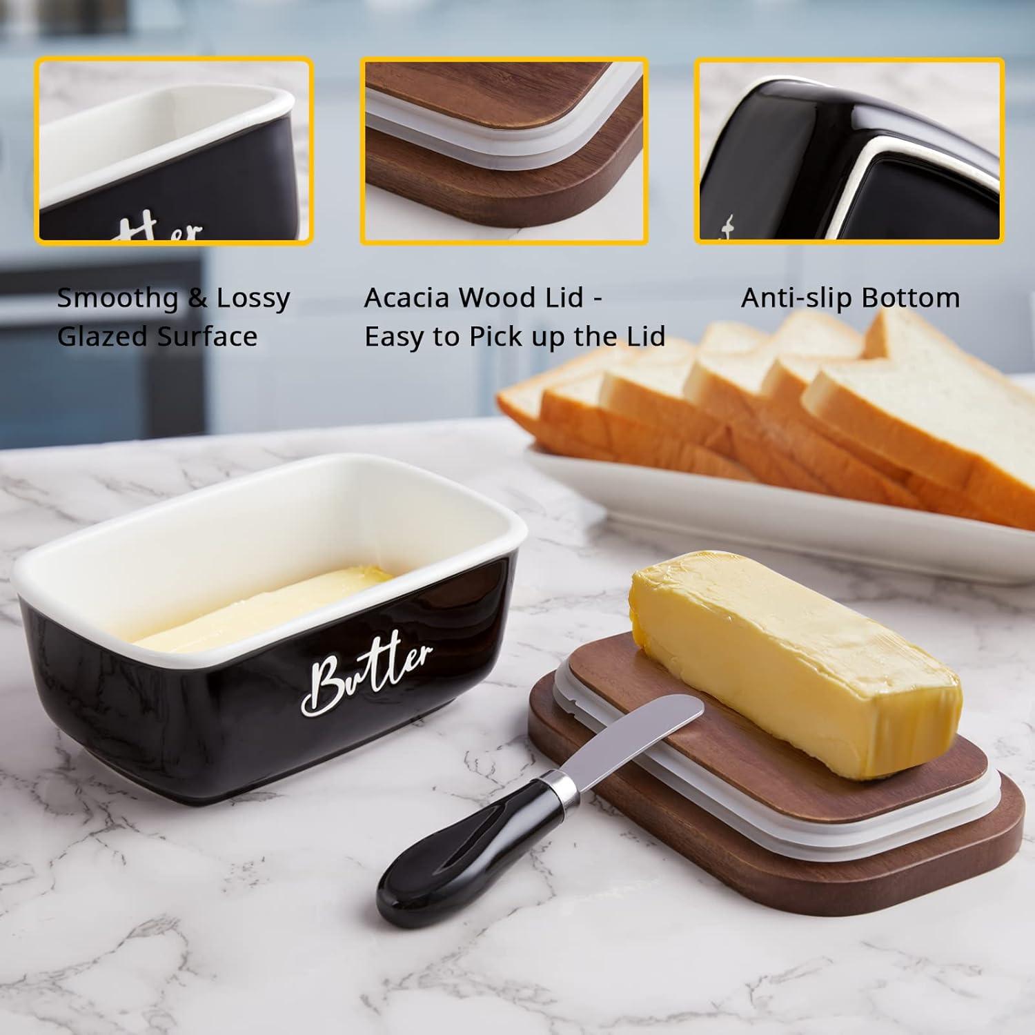 Plato de Mantequilla ALELION Negro con Tapa de Acacia y Cuchillo
