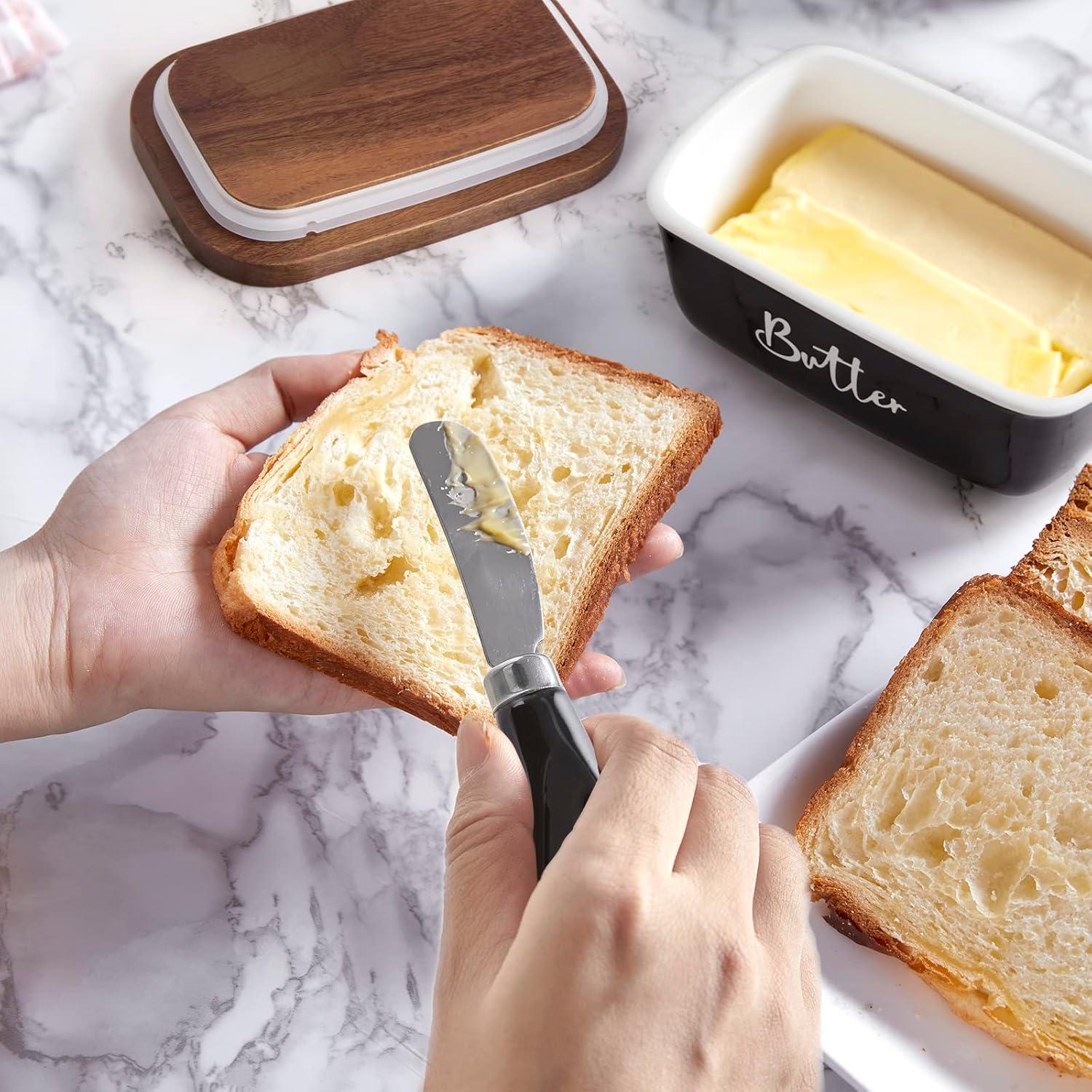 Plato de Mantequilla ALELION Negro con Tapa de Acacia y Cuchillo