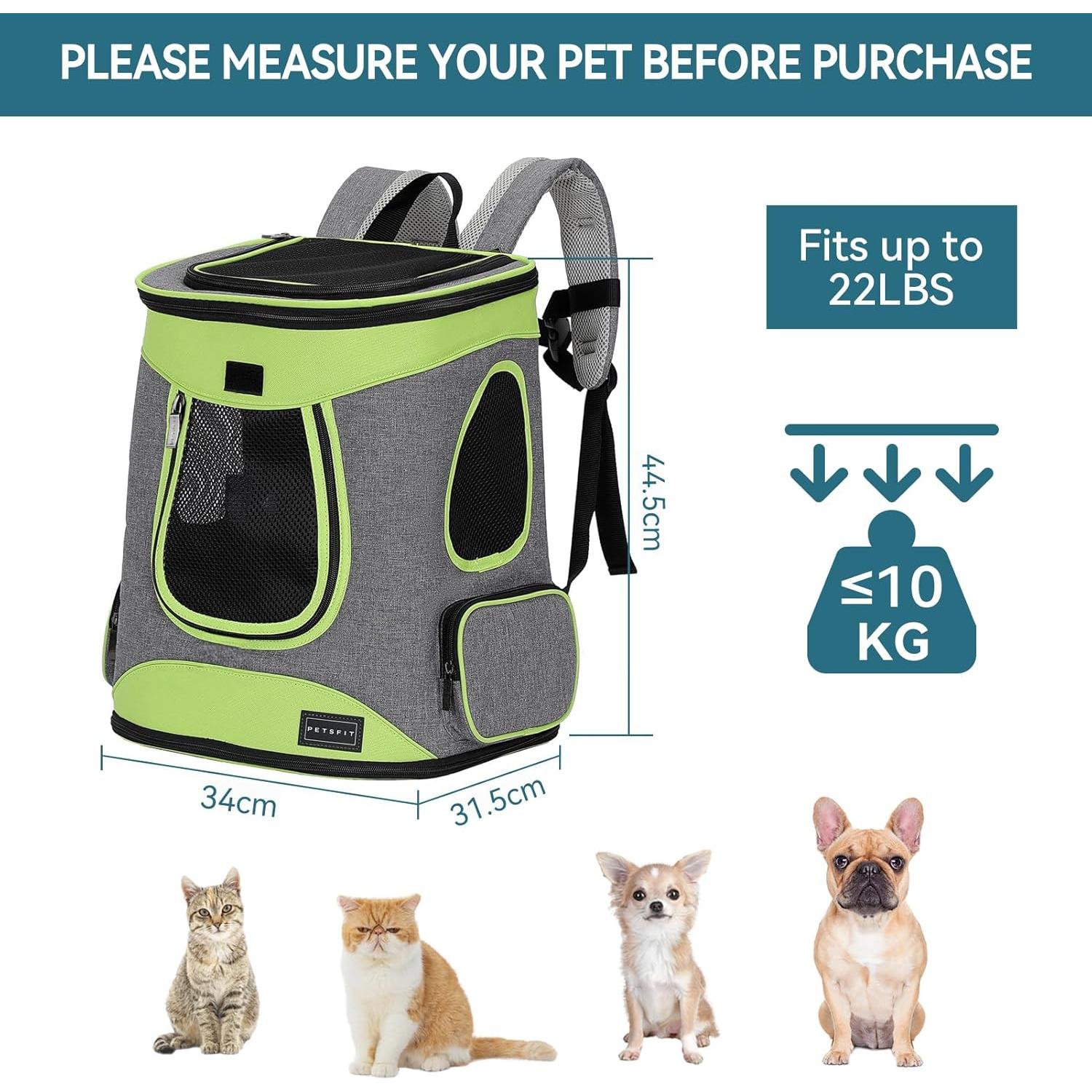 Mochila Portadora Petsfit Verde para Mascotas hasta 9,98 kg