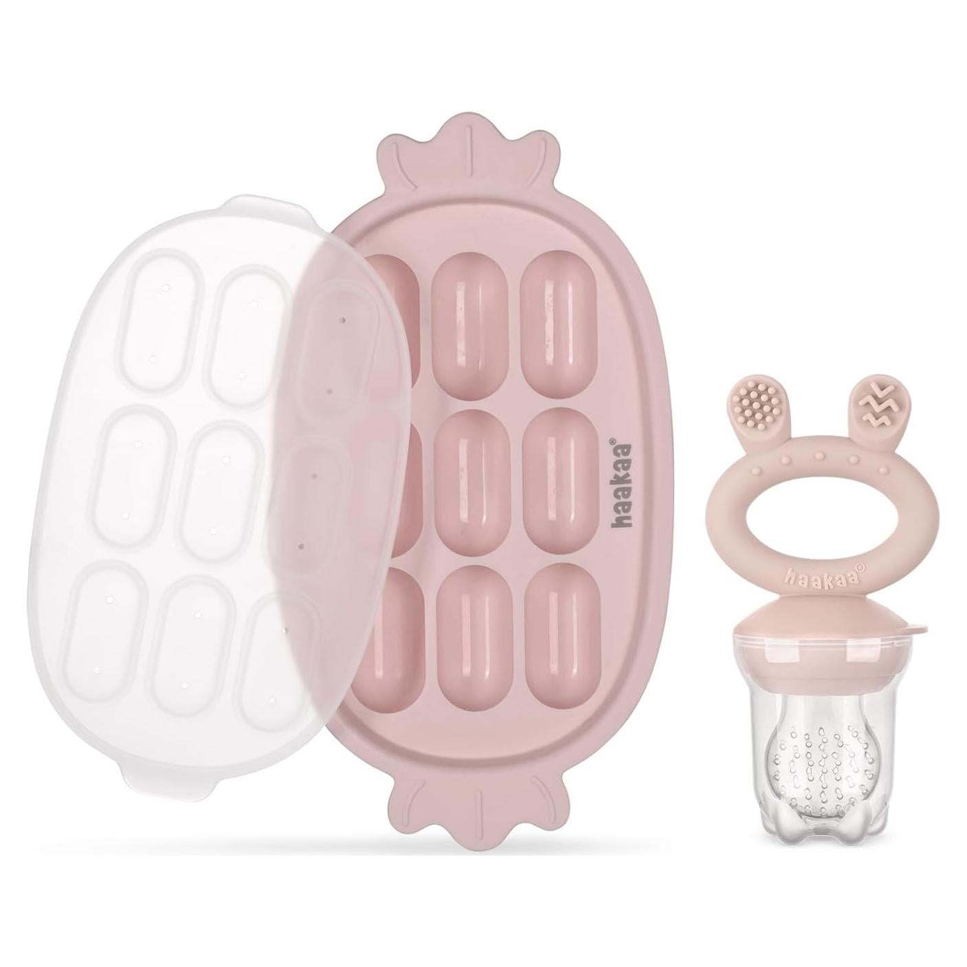 Alimentador de Frutas Haakaa + Bandeja Silicona Rosa 2 en 1