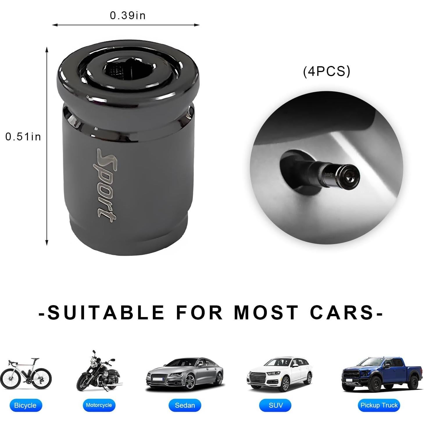 4 Tapones de Válvula Antirrobo Dickno para Neumáticos - Negro