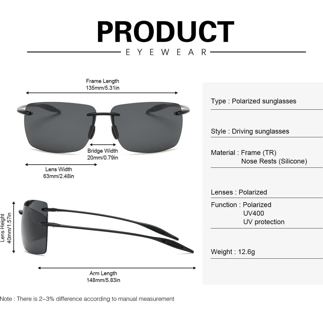 Gafas de sol polarizadas YIMI UV400 sin montura para hombres y mujeres