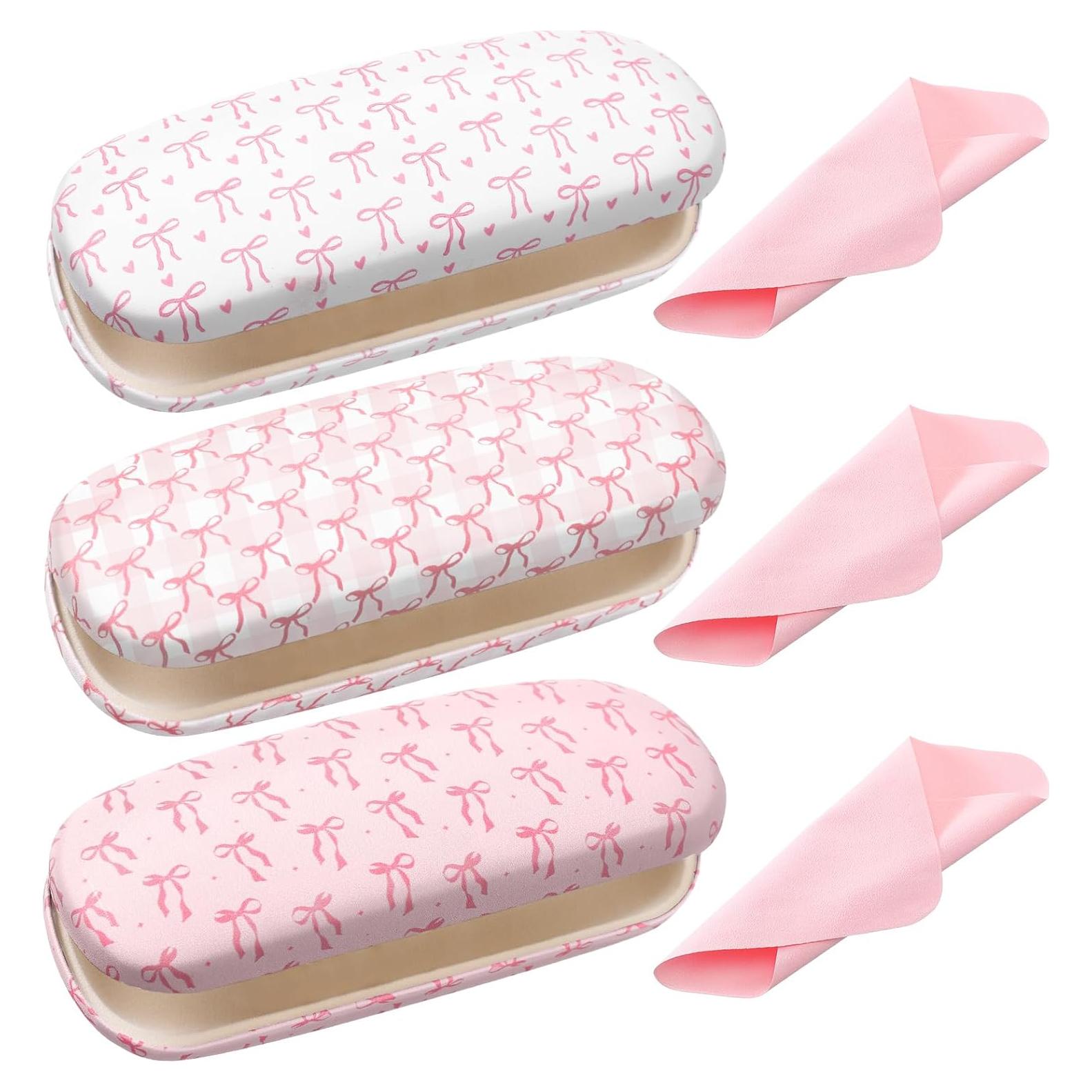 3 Fundas Duras Rosa con Lazo para Gafas + Paño de Limpieza