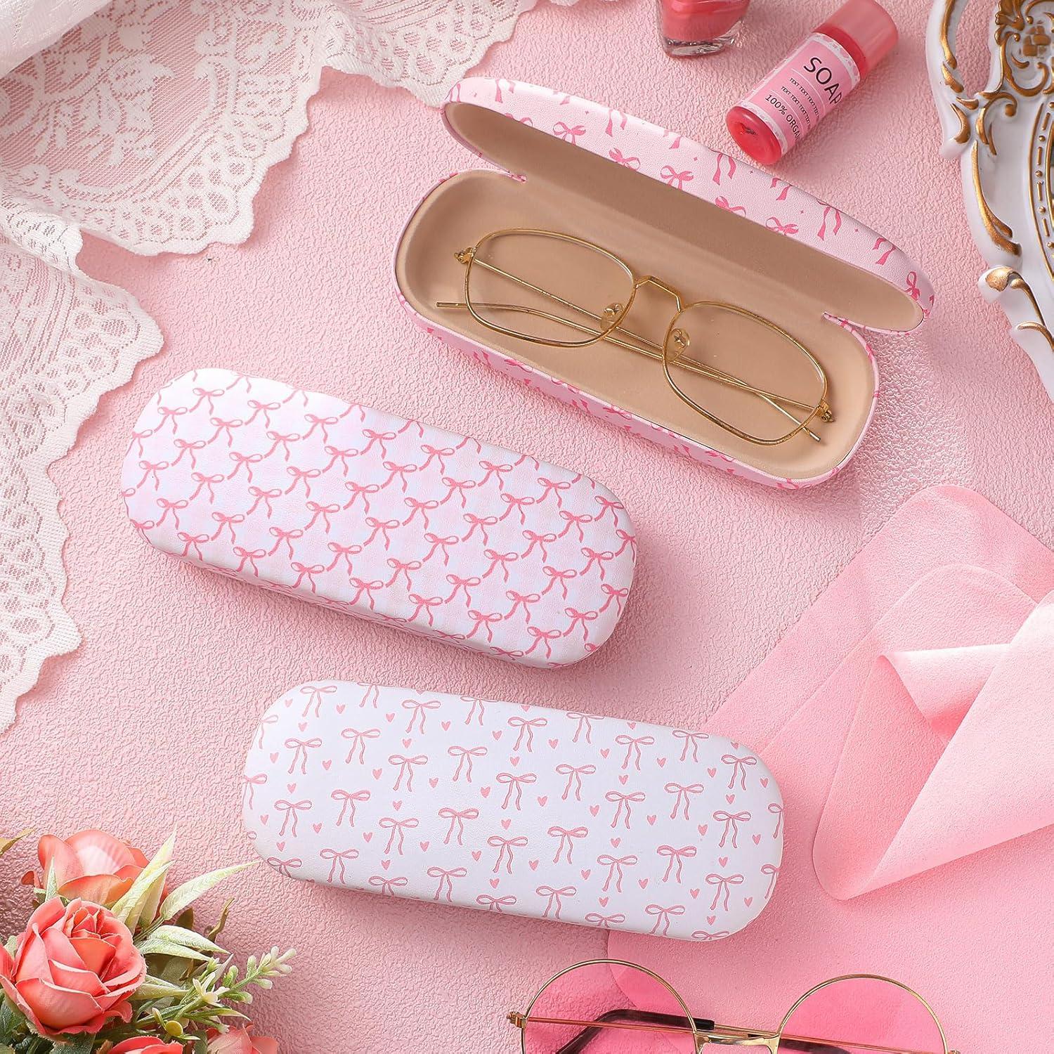 3 Fundas Duras Rosa con Lazo para Gafas + Paño de Limpieza