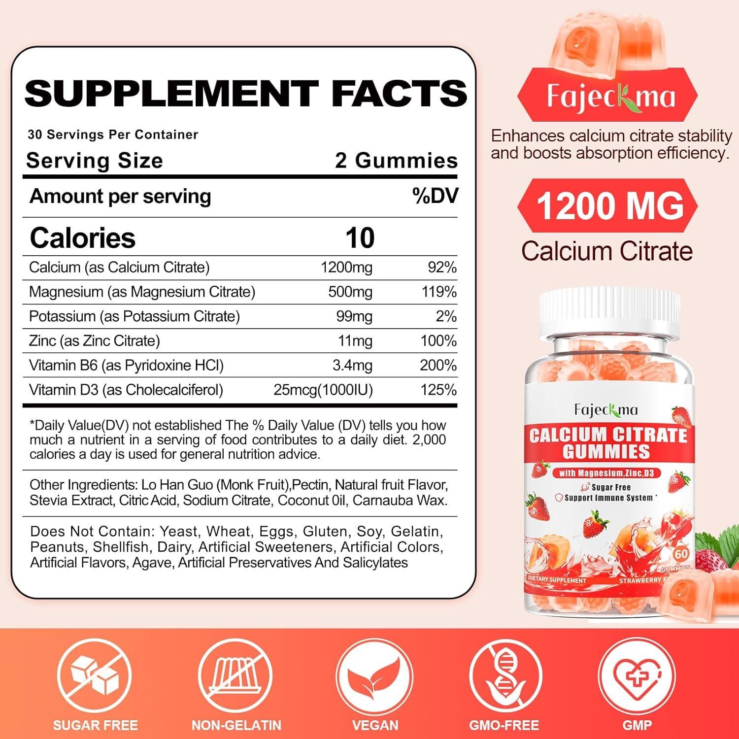 Gomitas de Citrato de Calcio Fajeckma 1200mg Veganas 60 Unidades