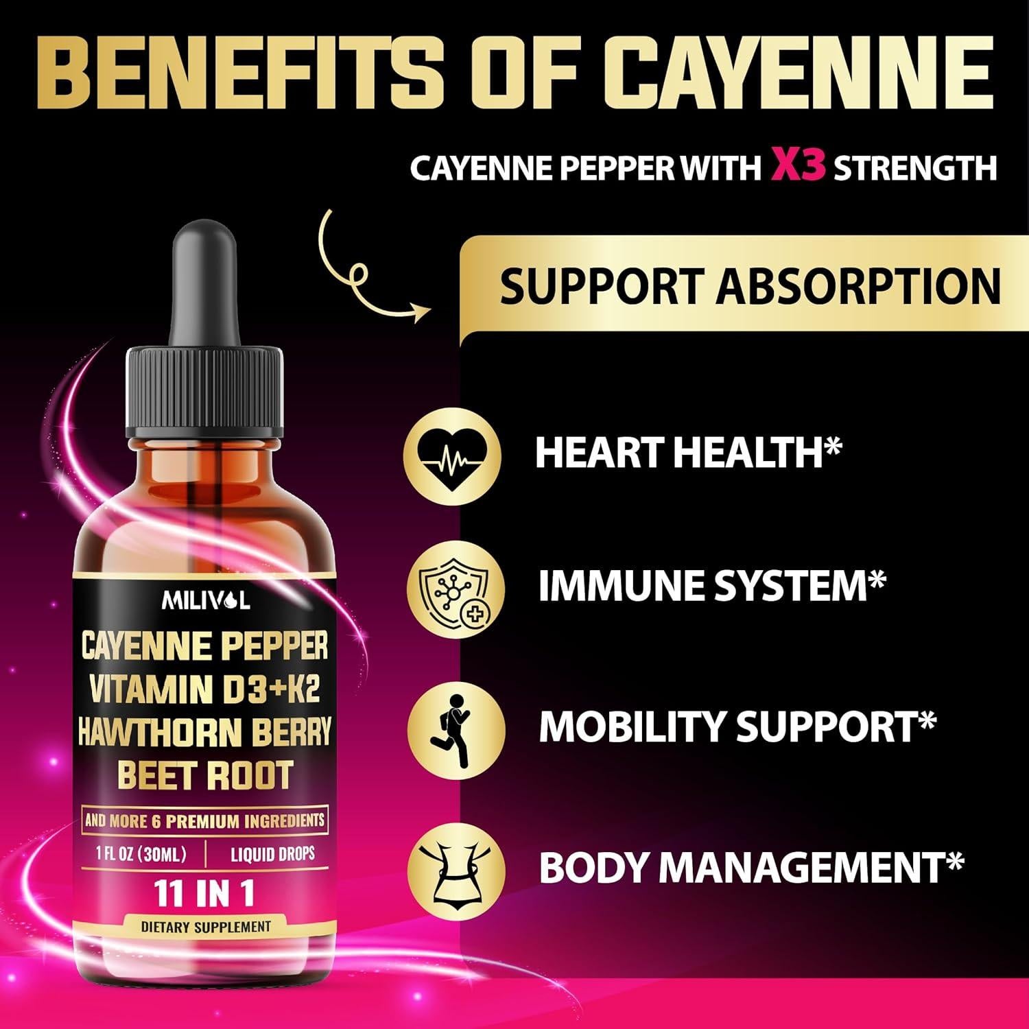 Gotas Líquidas de Pimienta de Cayena Milivol 30ml - Soporte Cardiaco e Inmunológico