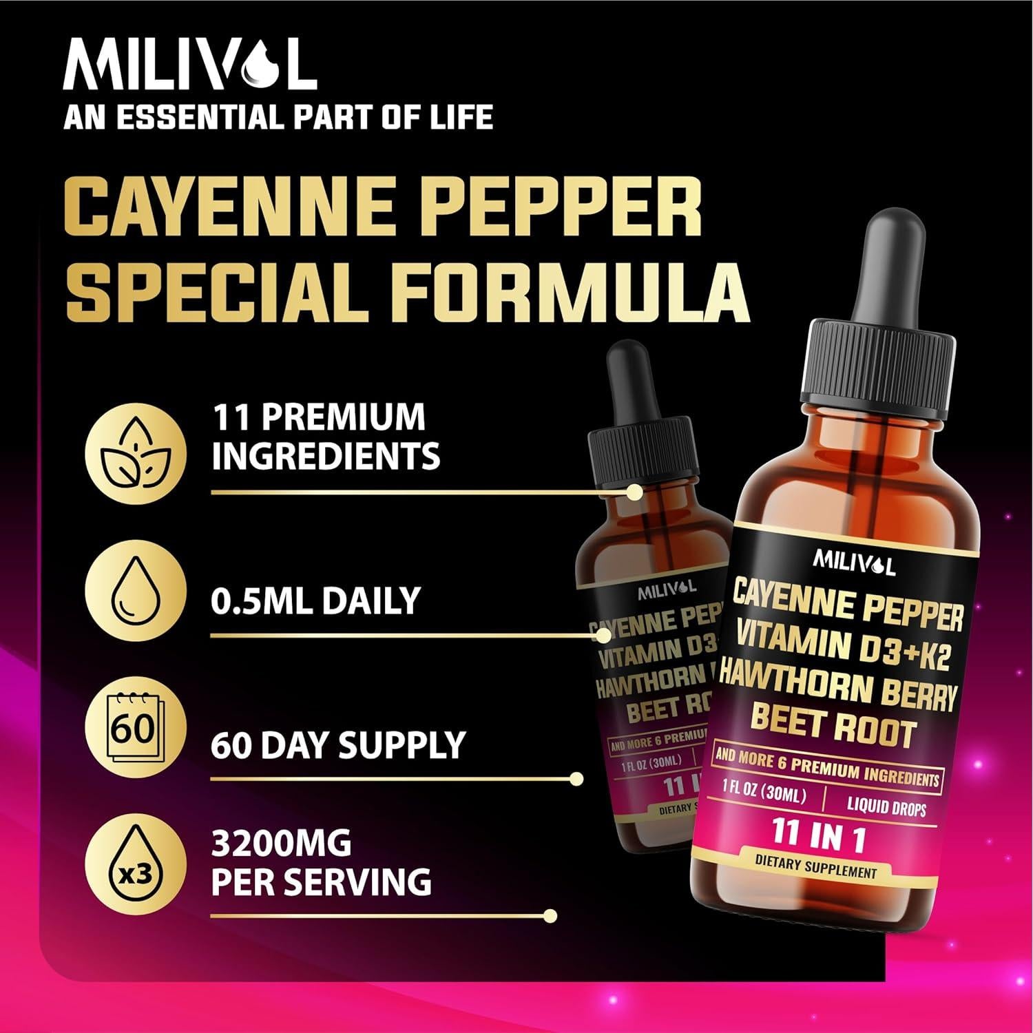 Gotas Líquidas de Pimienta de Cayena Milivol 30ml - Soporte Cardiaco e Inmunológico