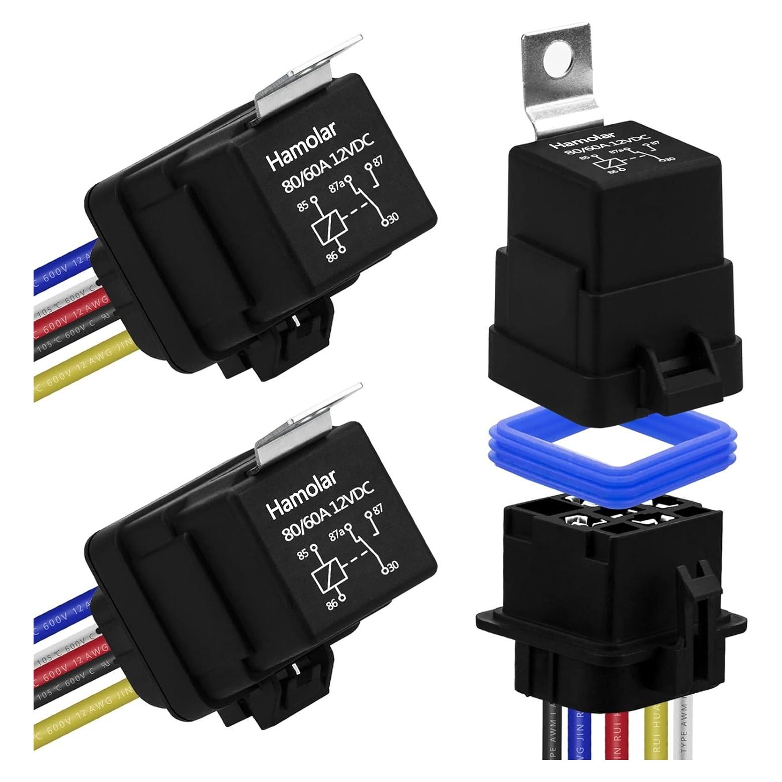 Paquete de 3 Relés Impermeables Hamolar 80/60A 12V DC con Cables