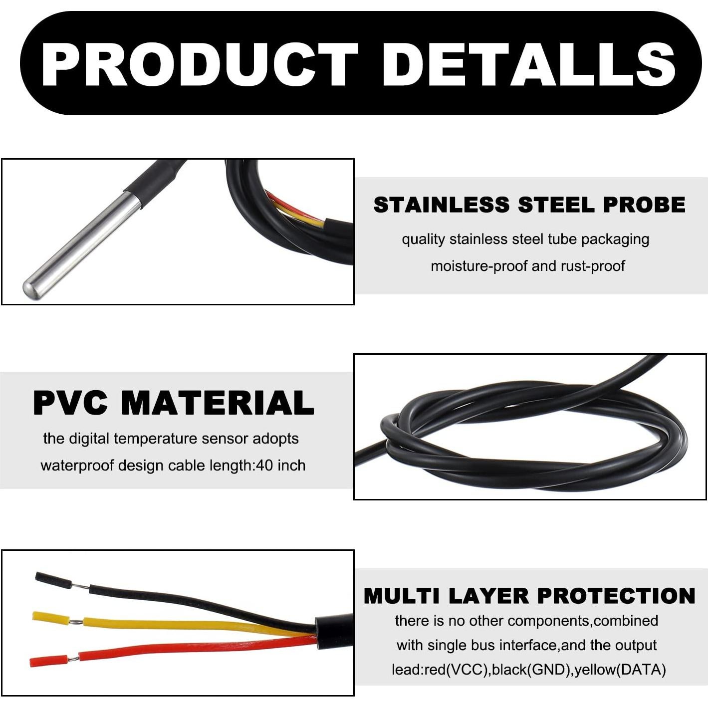 Sensor de Temperatura BOJACK DS18B20 1M Acero Inoxidable - 2 Piezas