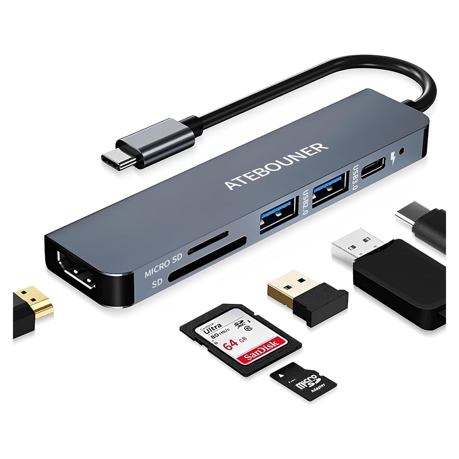 Adaptador Hub USB-C 6 en 1 ATEBOUNER con HDMI 4K para MacBook