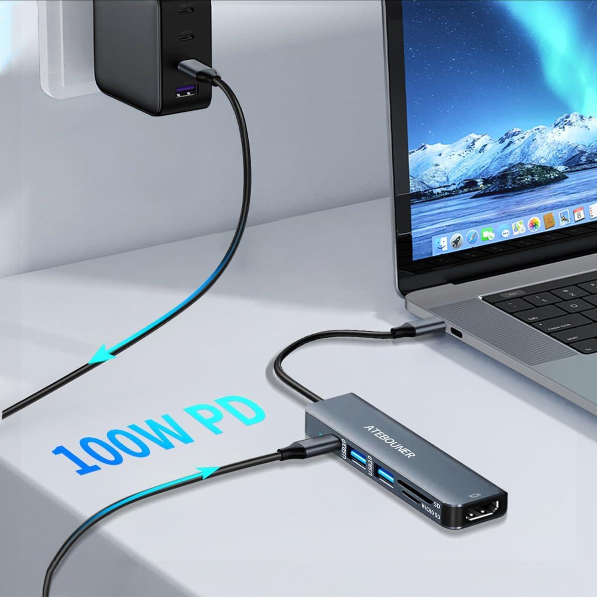 Adaptador Hub USB-C 6 en 1 ATEBOUNER con HDMI 4K para MacBook