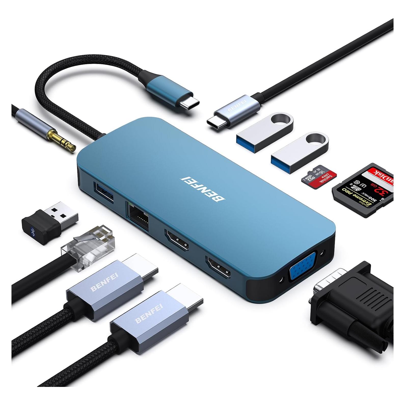 BENFEI Hub USB-C 11-en-1 Triple Pantalla HDMI VGA 100W