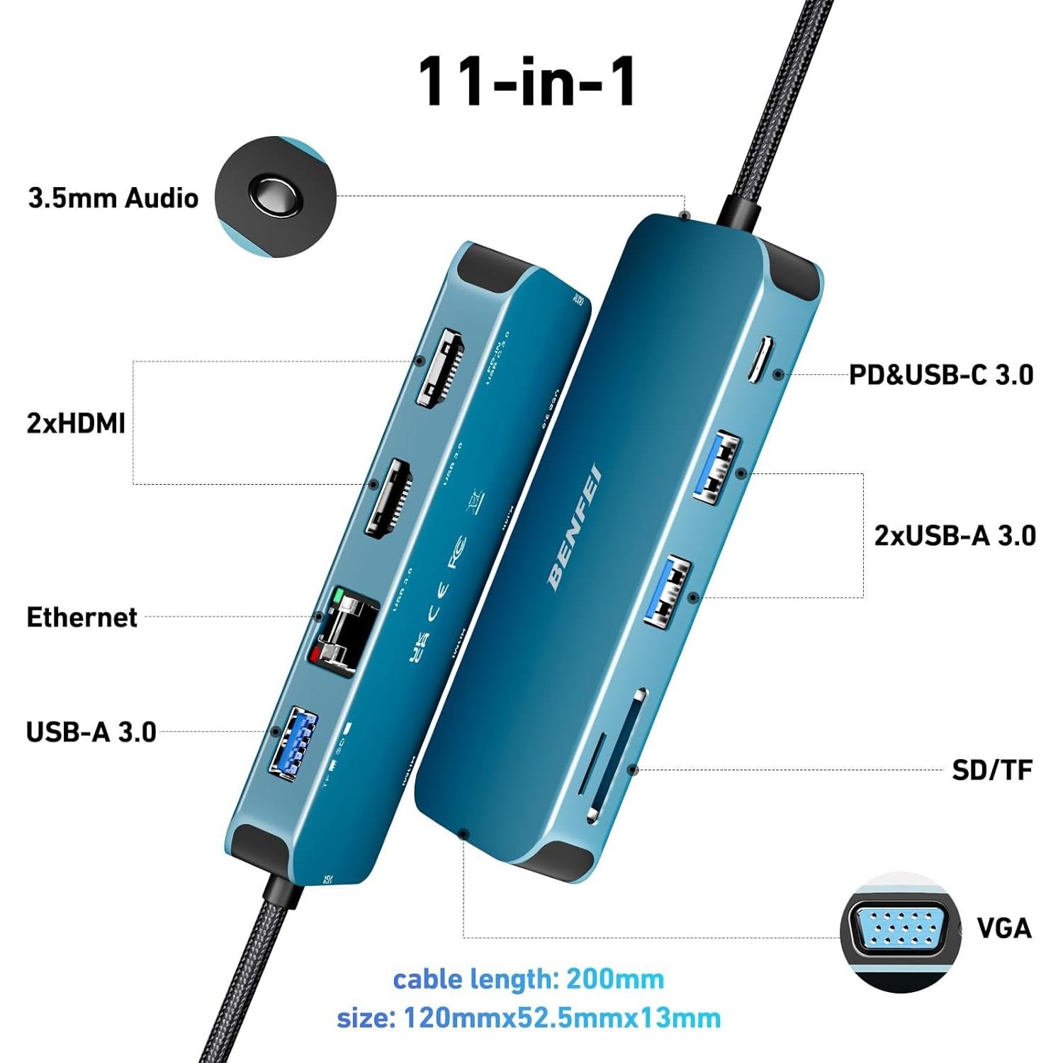 BENFEI Hub USB-C 11-en-1 Triple Pantalla HDMI VGA 100W