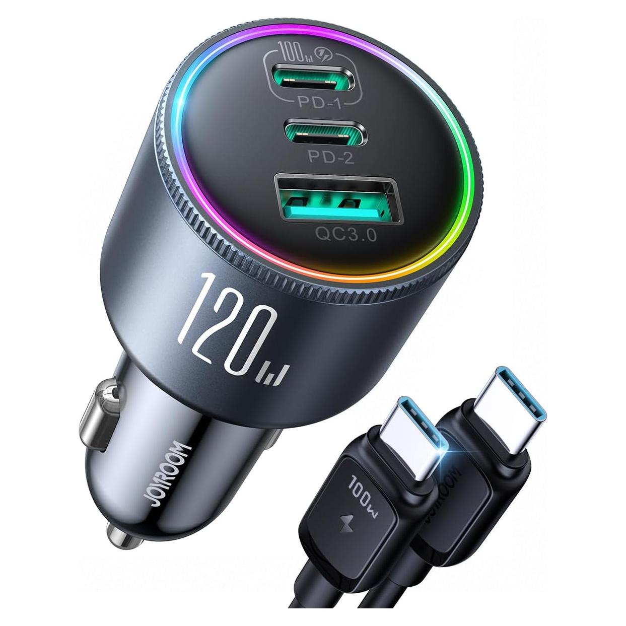 Cargador de Coche JOYROOM 120W USB C 3 Puertos Carga Rápida