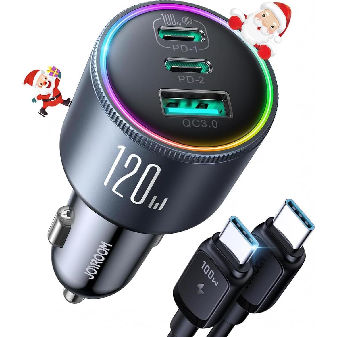 Cargador de Coche JOYROOM 120W USB C 3 Puertos Carga Rápida