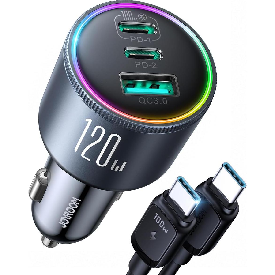 Cargador de Coche JOYROOM 120W USB C 3 Puertos Carga Rápida