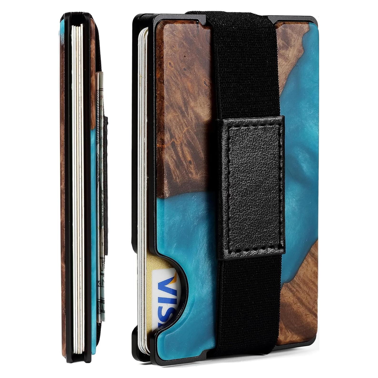 Billetera Minimalista RFID de Fibra de Carbono para Hombre - Resina Azul Aqua