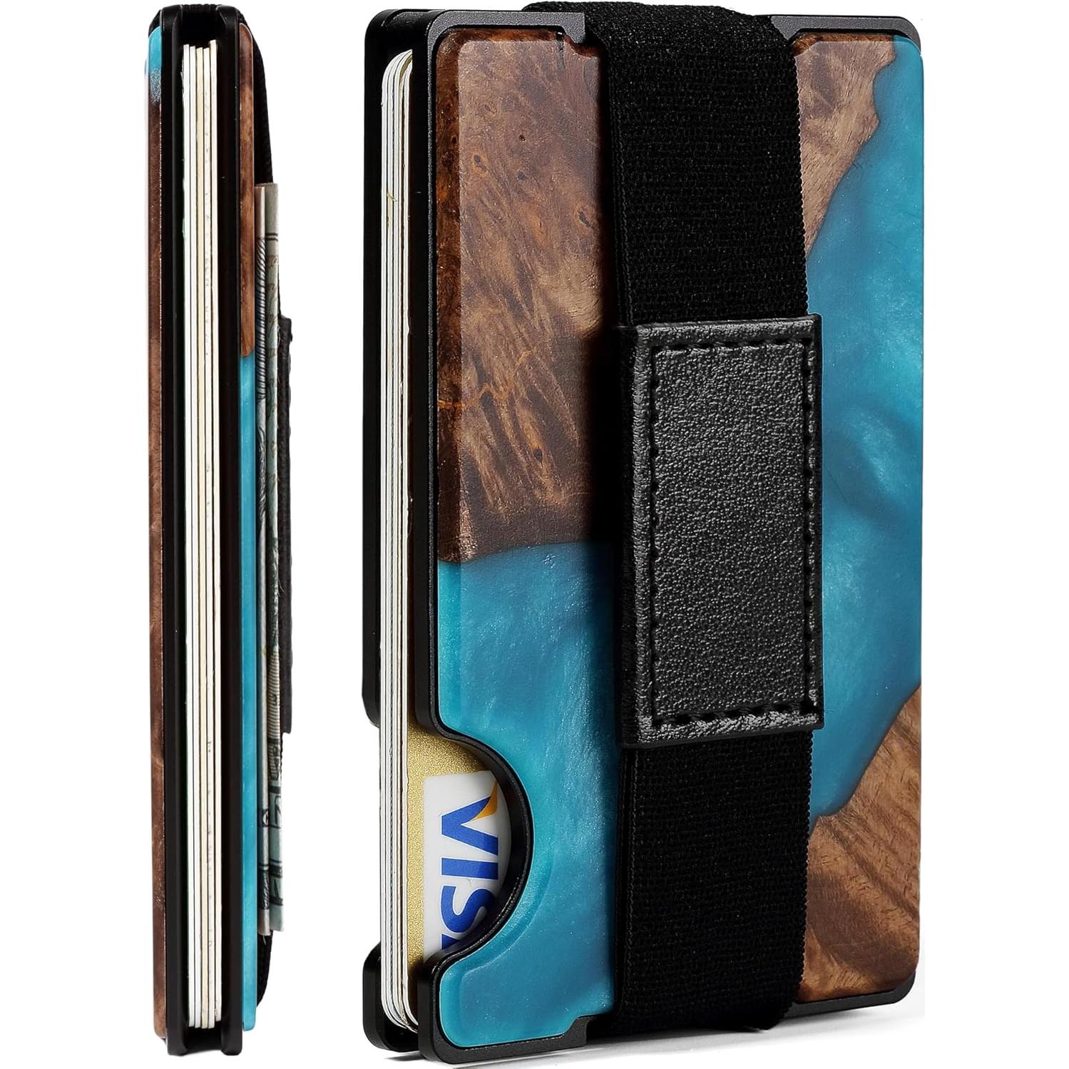 Billetera Minimalista RFID de Fibra de Carbono para Hombre - Resina Azul Aqua