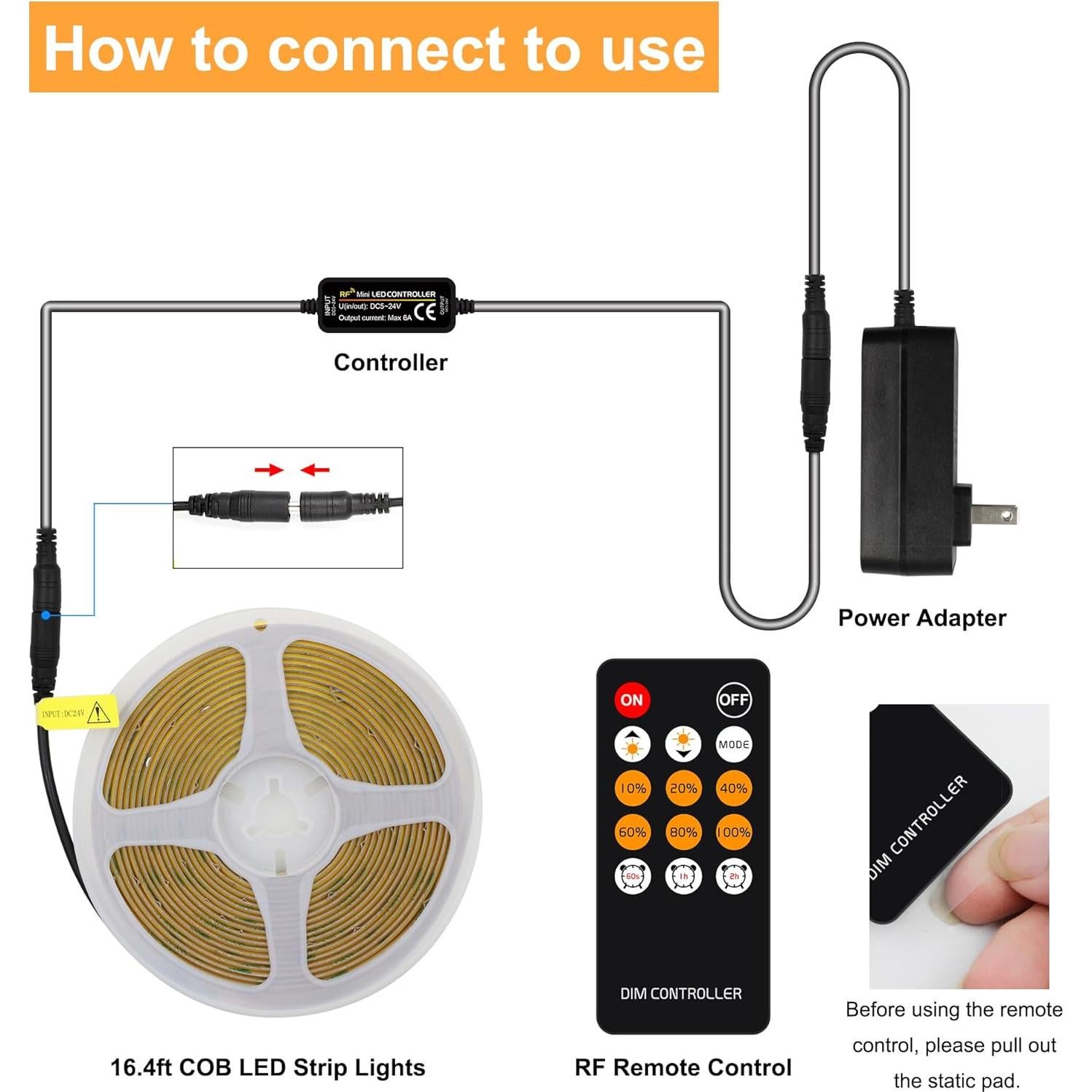 Tira de luz LED COB 5m AXMOTUT 2700K regulable con control remoto