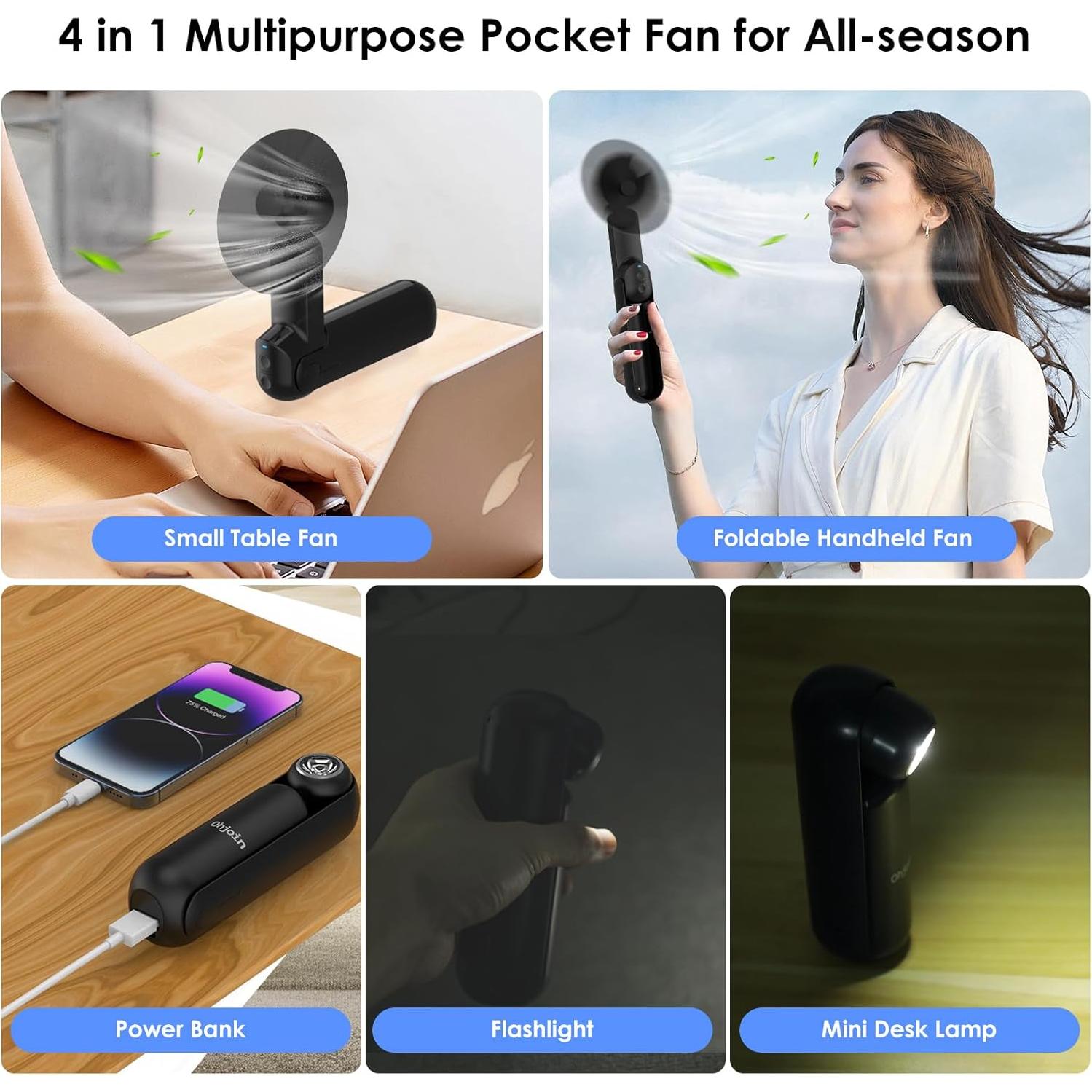 Ventilador portátil 4 en 1 Ohjoin negro, recargable USB