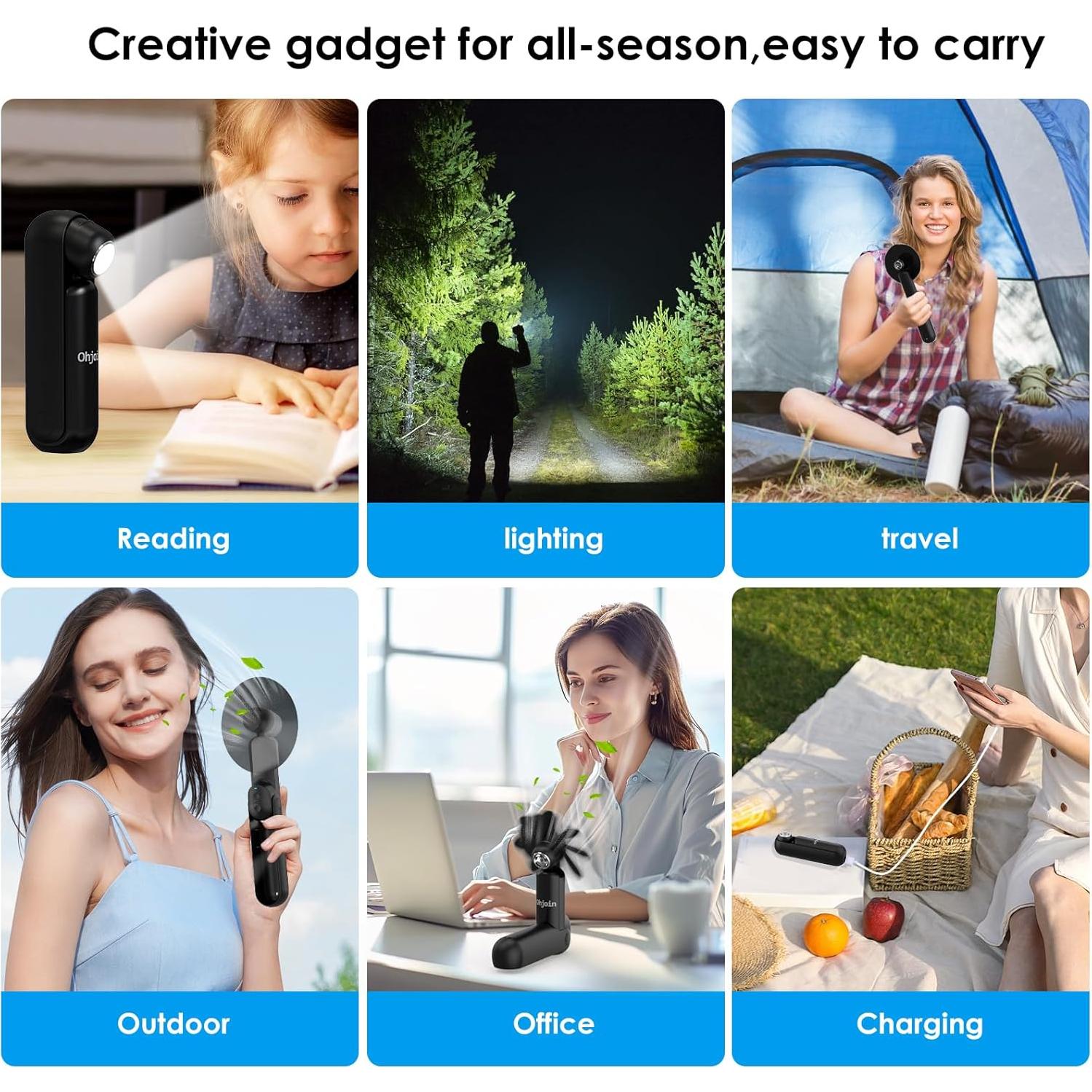 Ventilador portátil 4 en 1 Ohjoin negro, recargable USB