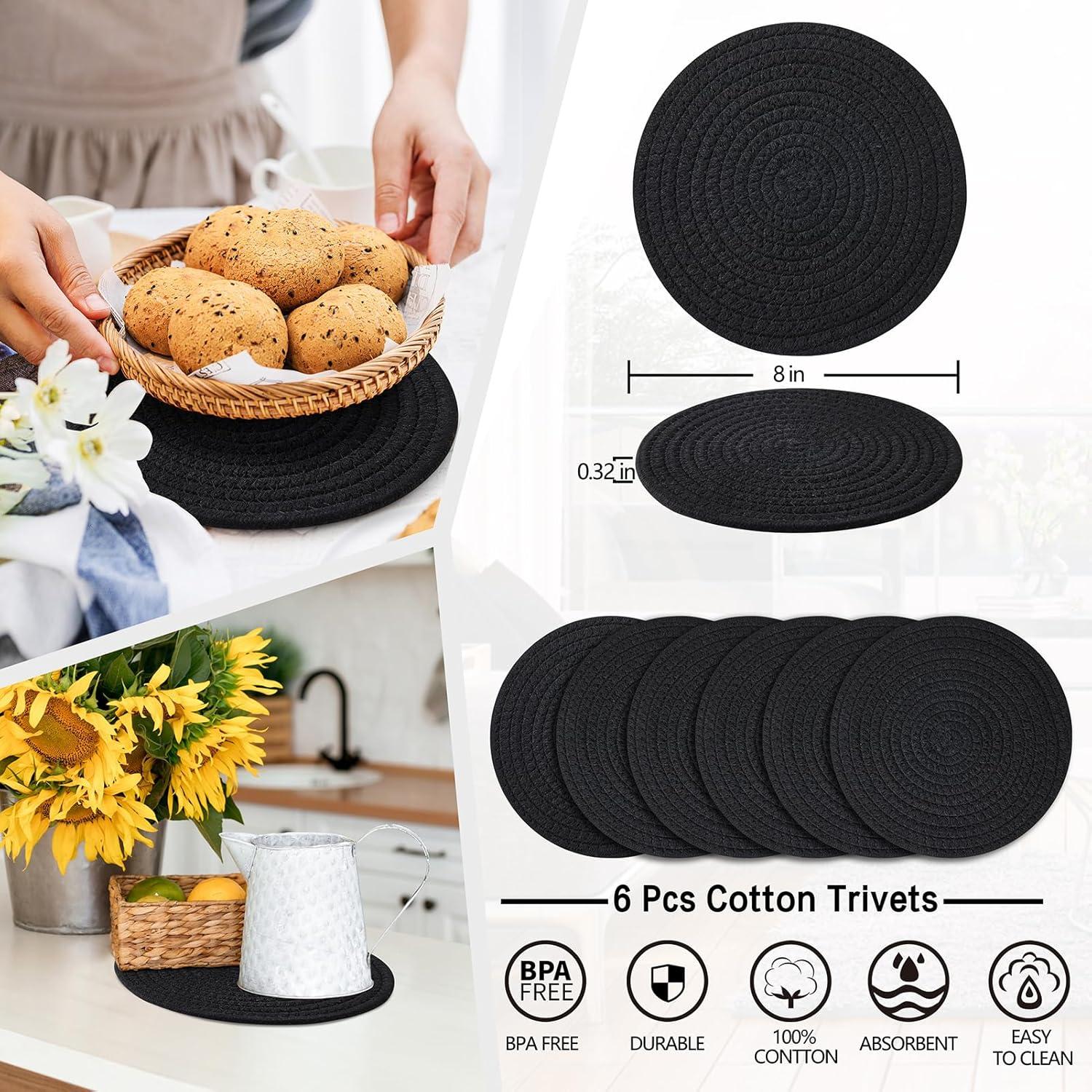Juego de 6 Trivets de Algodón Coga 20.32 cm Negro