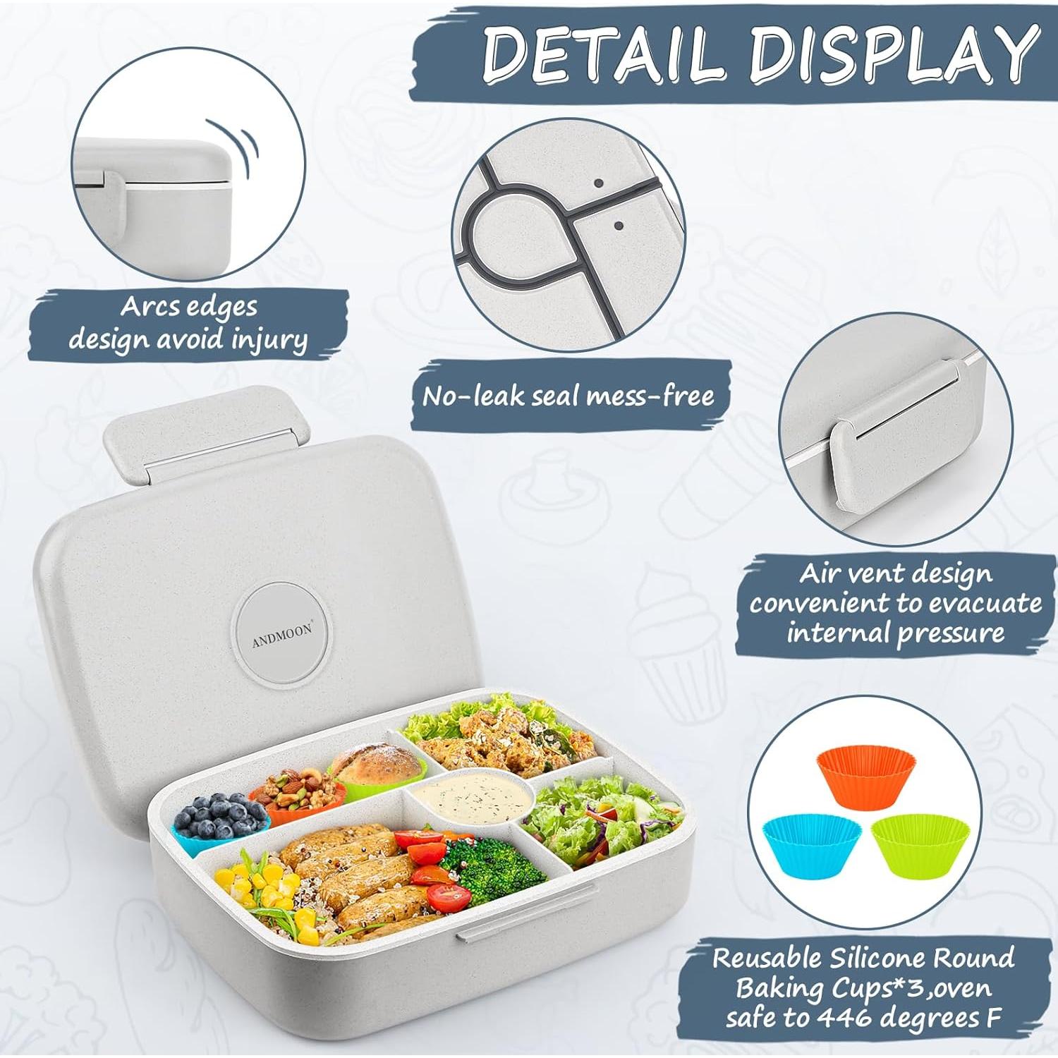 Caja Bento Almuerzo ANDMOON Gris 5 Compartimentos 1300ml