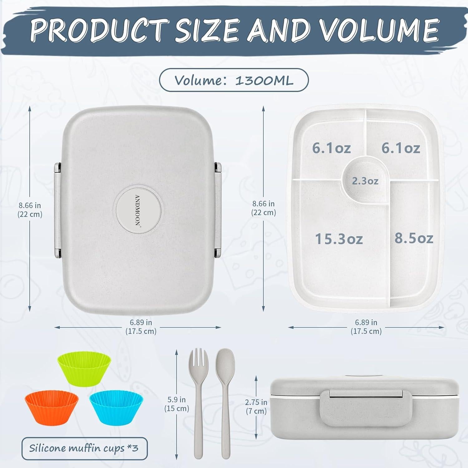 Caja Bento Almuerzo ANDMOON Gris 5 Compartimentos 1300ml