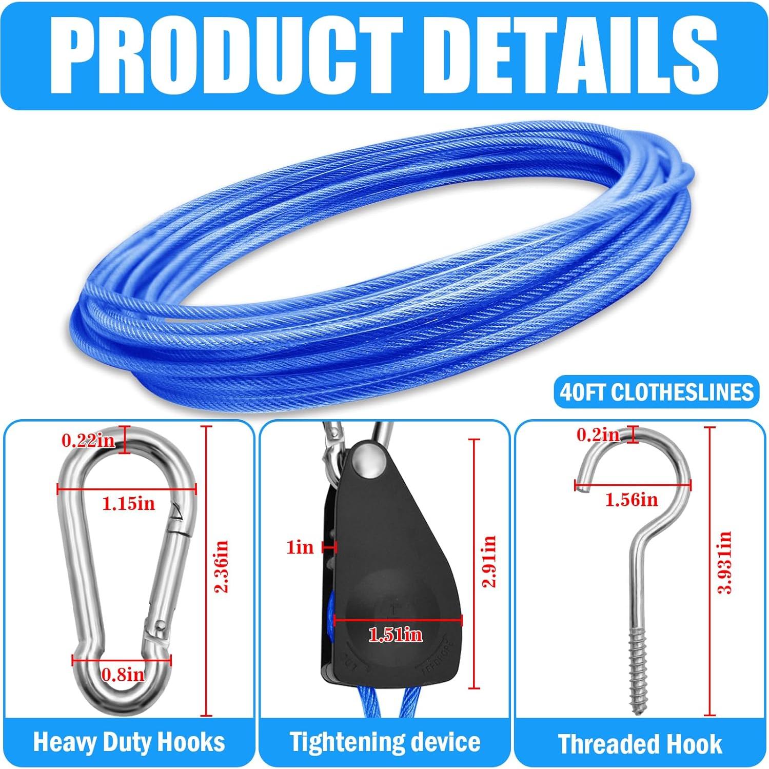 Línea de Ropa Exterior VIVBOO 12.19m con Ganchos de Metal