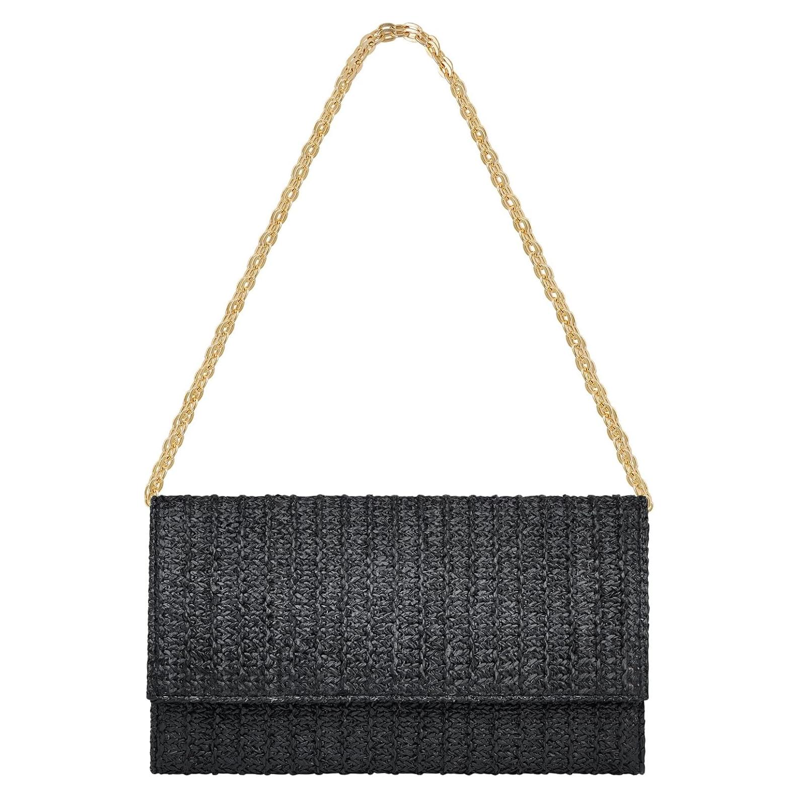 Bolso de mano de paja Kseymeir negro con correa desmontable