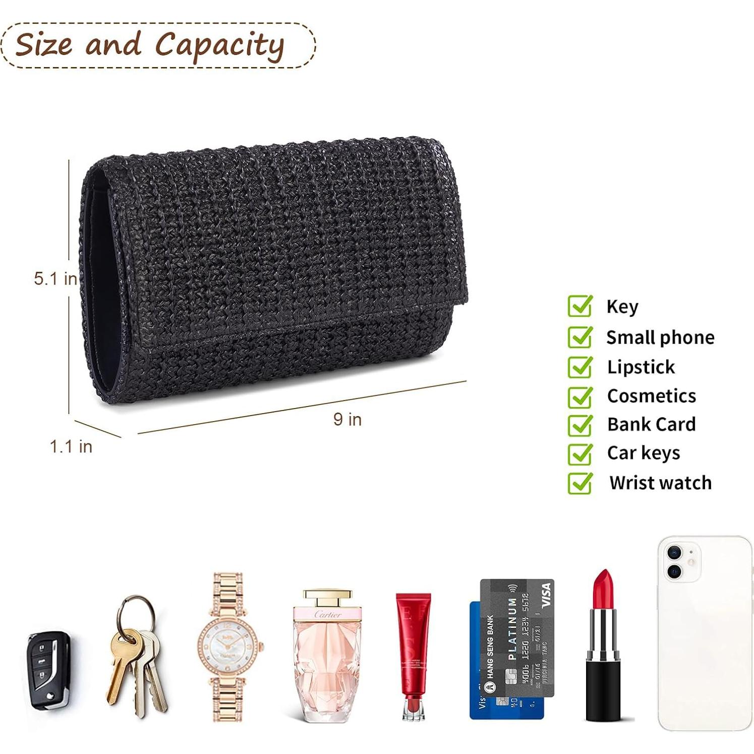 Bolso de mano de paja Kseymeir negro con correa desmontable