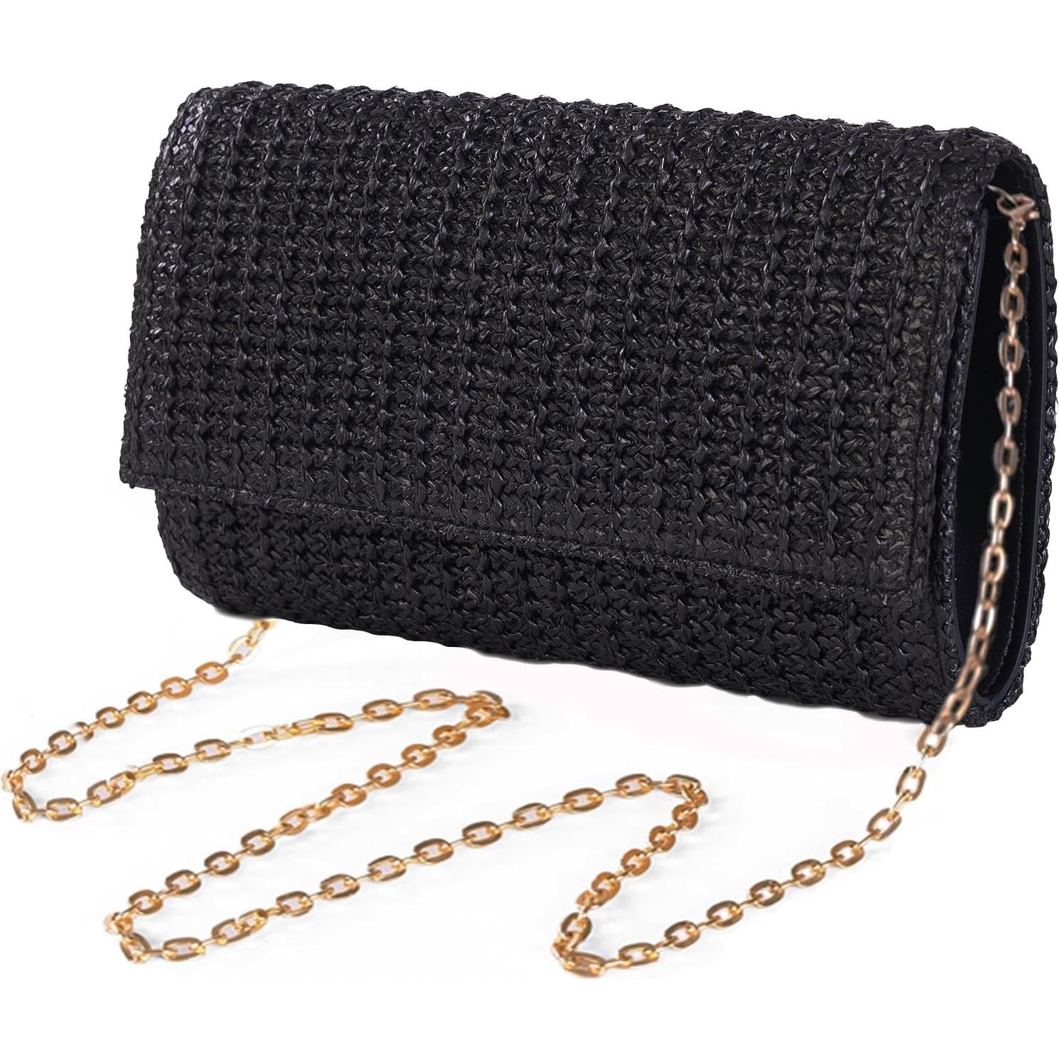 Bolso de mano de paja Kseymeir negro con correa desmontable