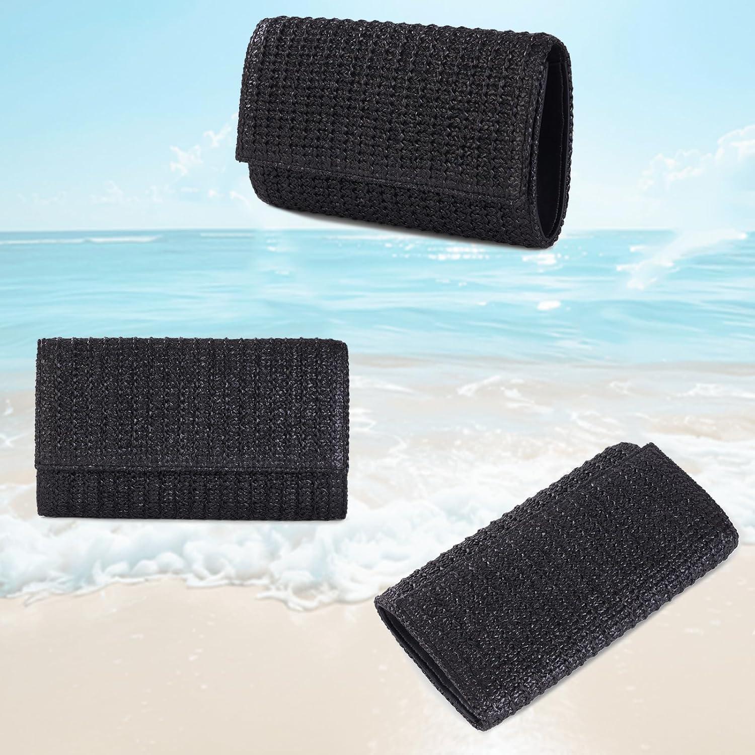 Bolso de mano de paja Kseymeir negro con correa desmontable