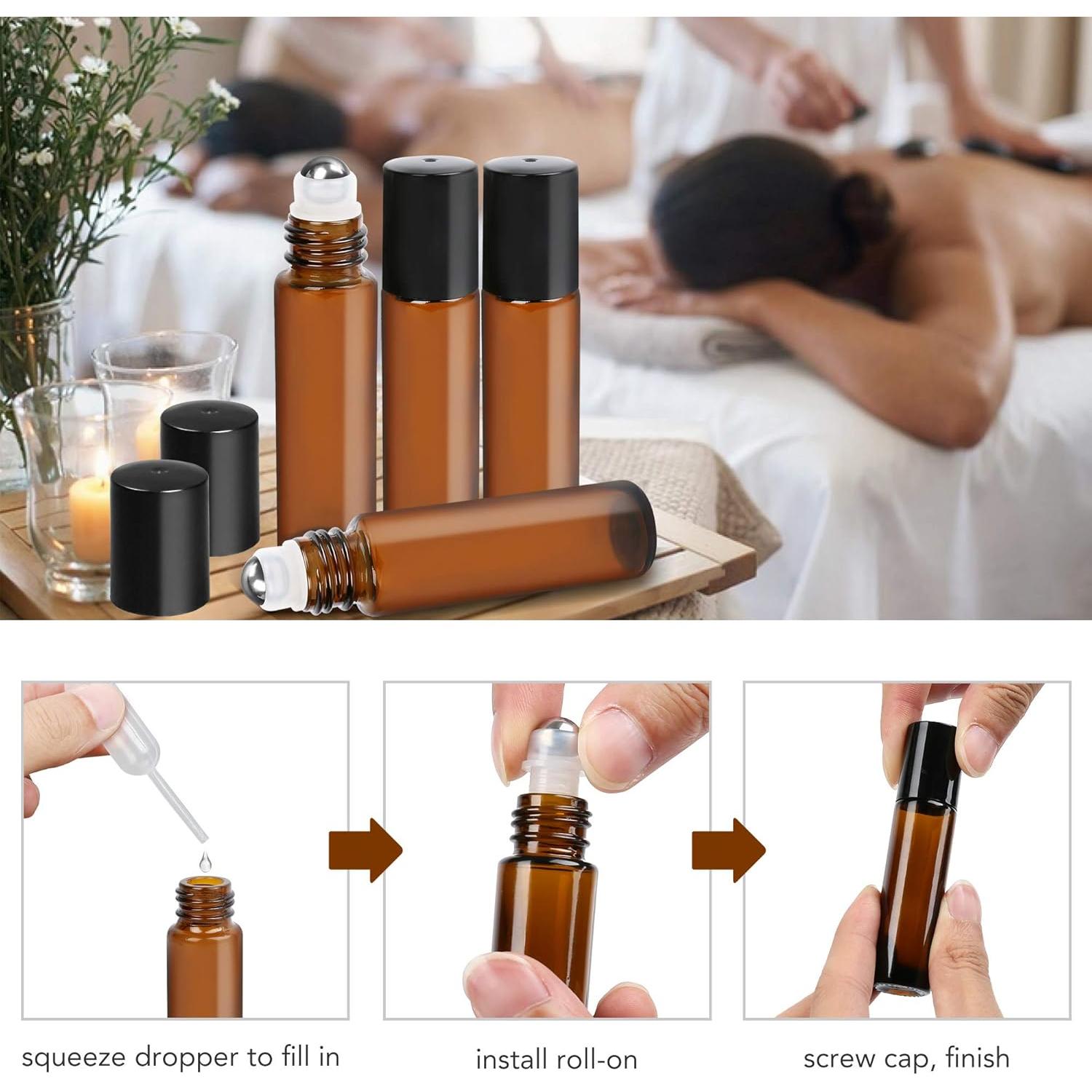 Botellas de Aceite Esencial LotFancy 6pc 10ml Ámbar con Rodillo