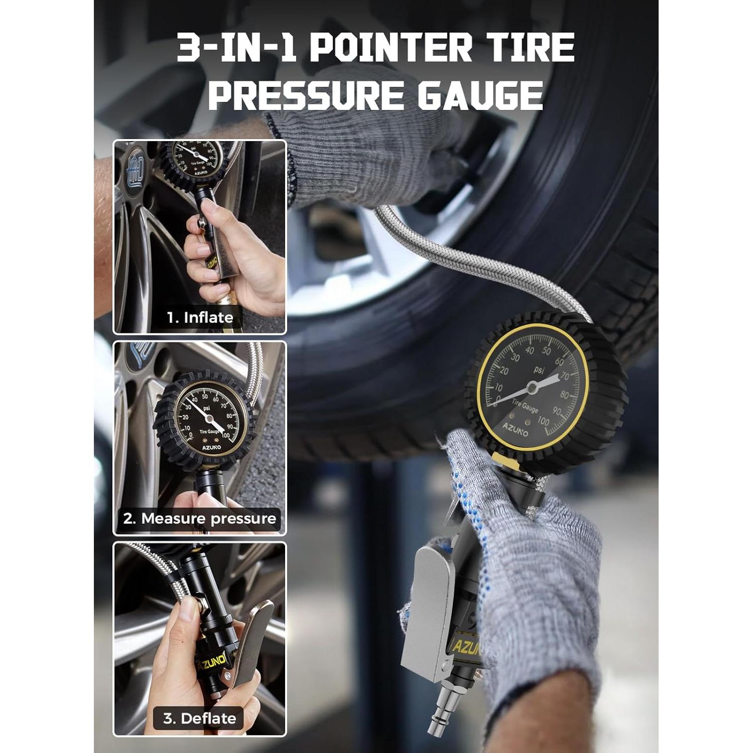 Medidor de Presión de Neumáticos AZUNO 100 PSI con Accesorios
