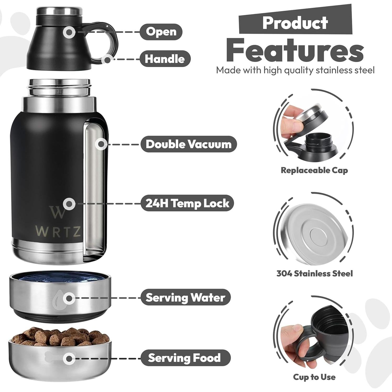 Botella de Agua Aislada WRTZ 32oz Acero Inoxidable Negro