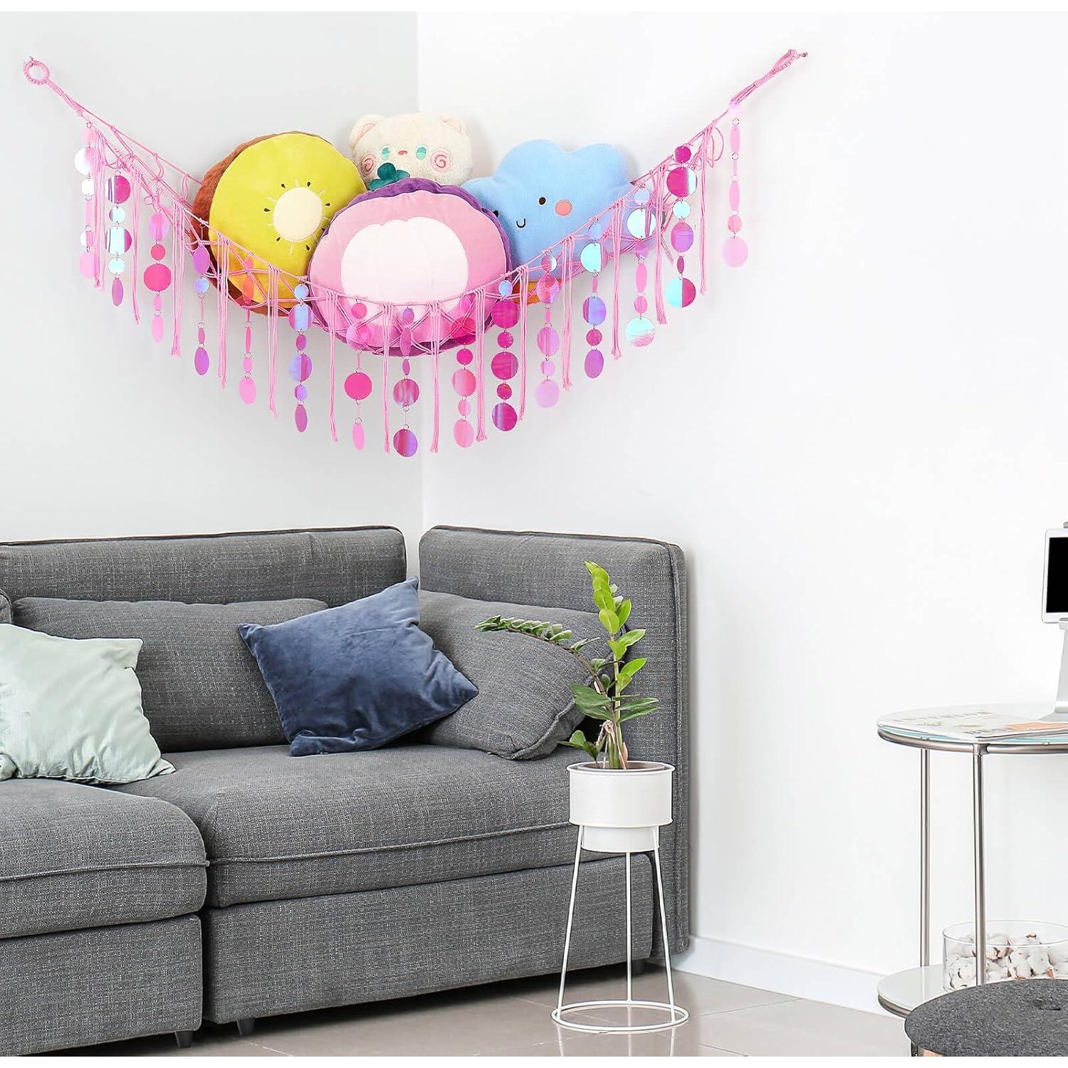 Red de Almacenamiento de Juguetes FIOBEE con Luz LED Rosa 100x150cm