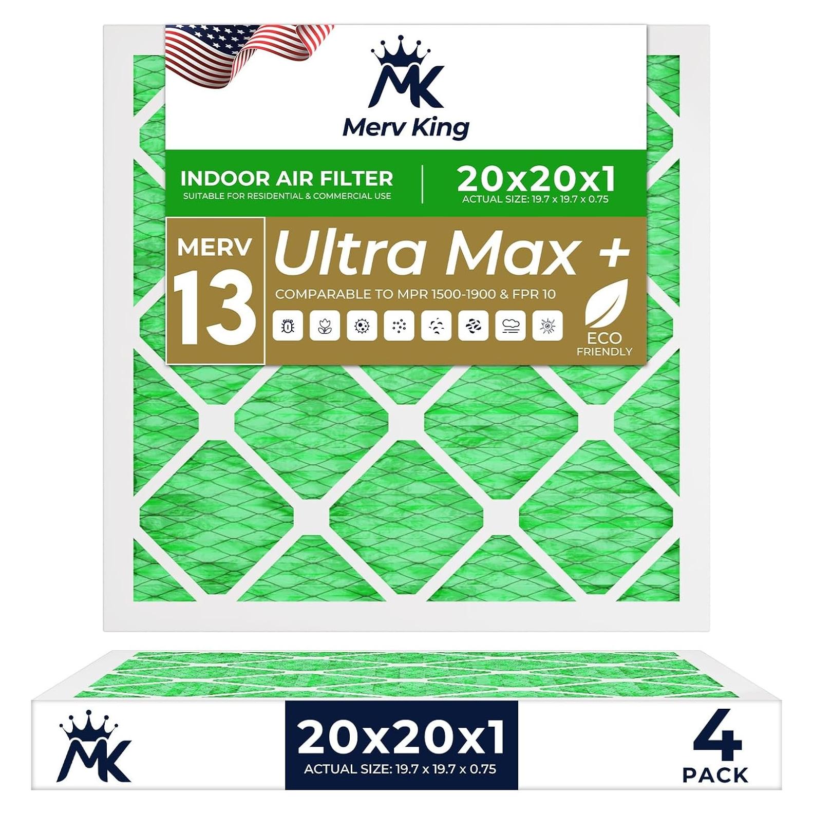 Filtro de Aire Merv King 20x20x1 MERV 13 Paquete de 4