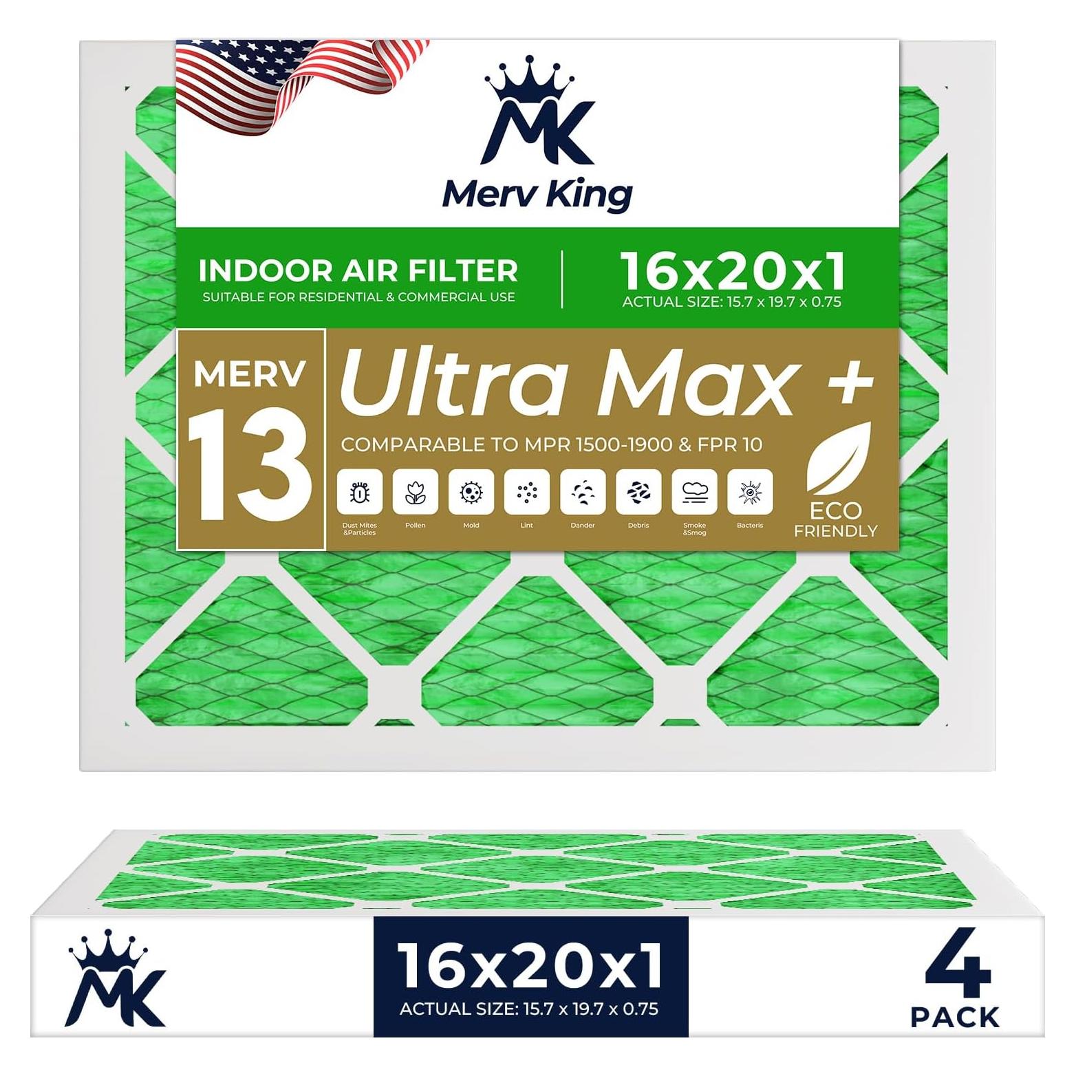 Filtro de Aire Merv King 16x20x1 MERV 13 Paquete de 4