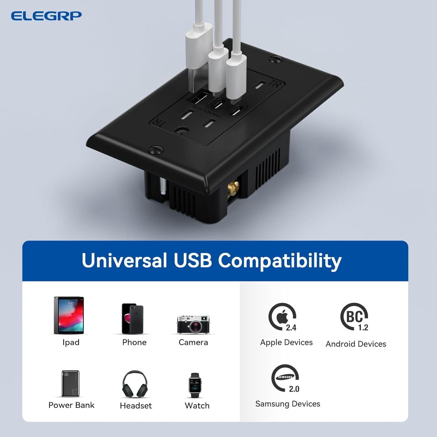 Cargador de Pared ELEGRP 15A con 3 Puertos USB Negro