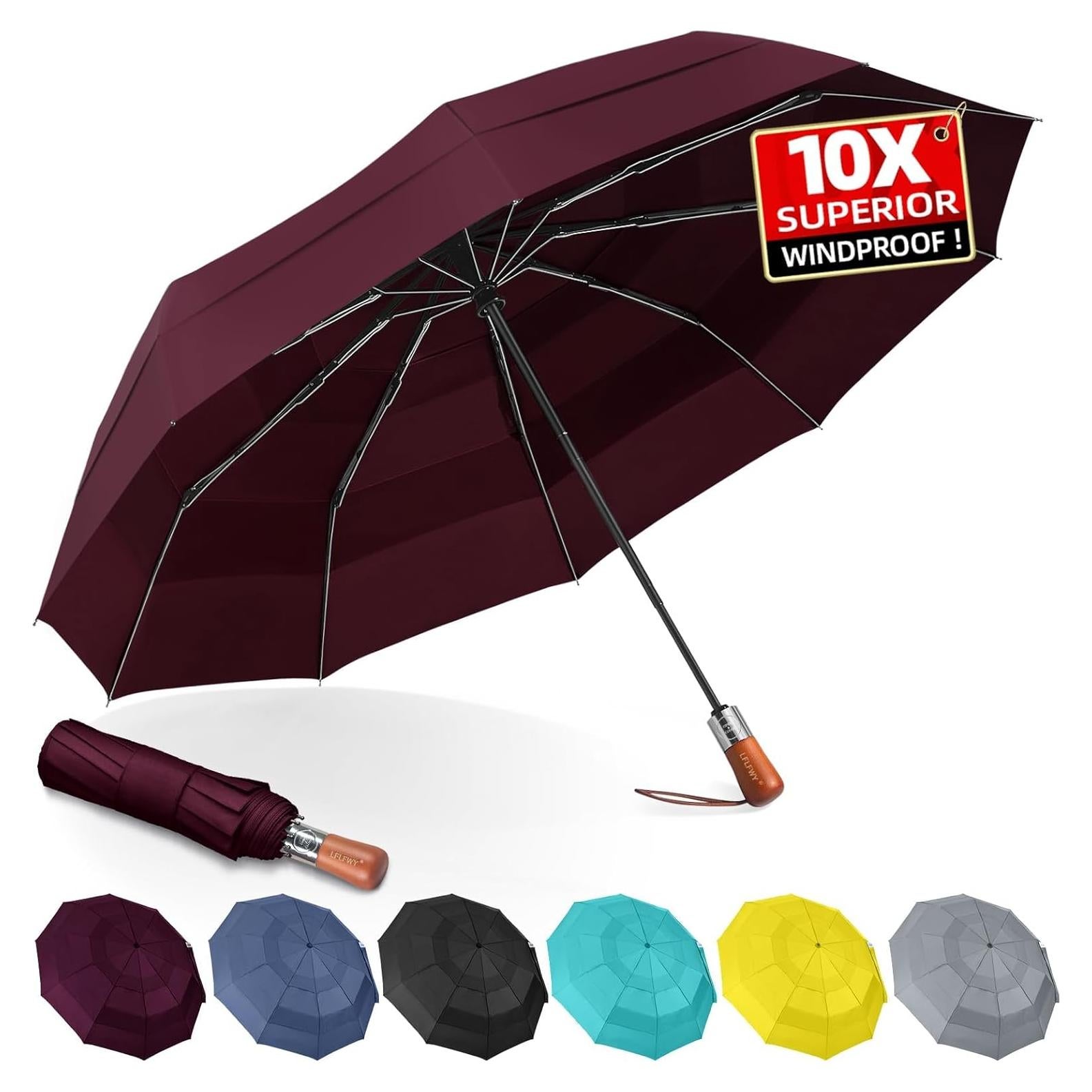 Paraguas Compacto LFLFWY Rojo Vino Automático Resistente al Viento