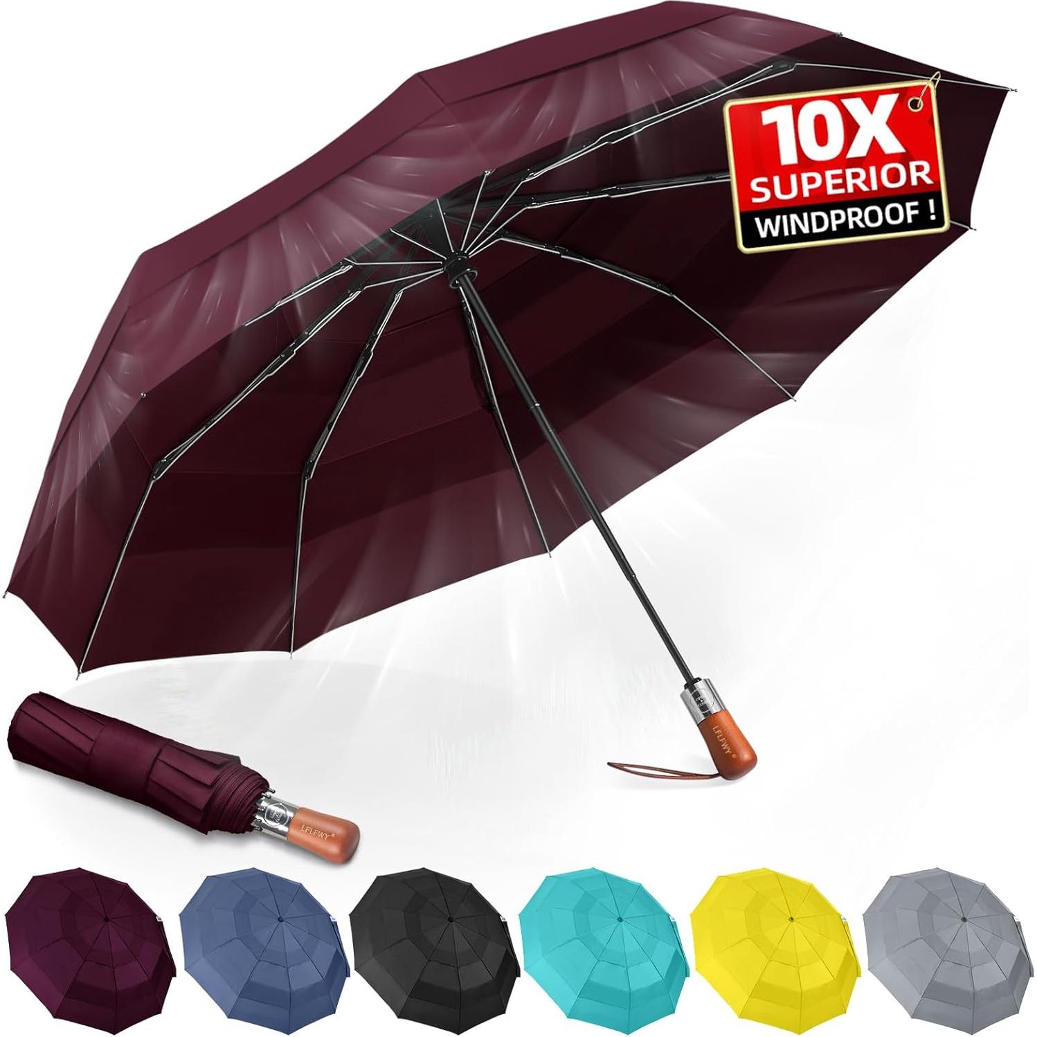 Paraguas Compacto LFLFWY Rojo Vino Automático Resistente al Viento