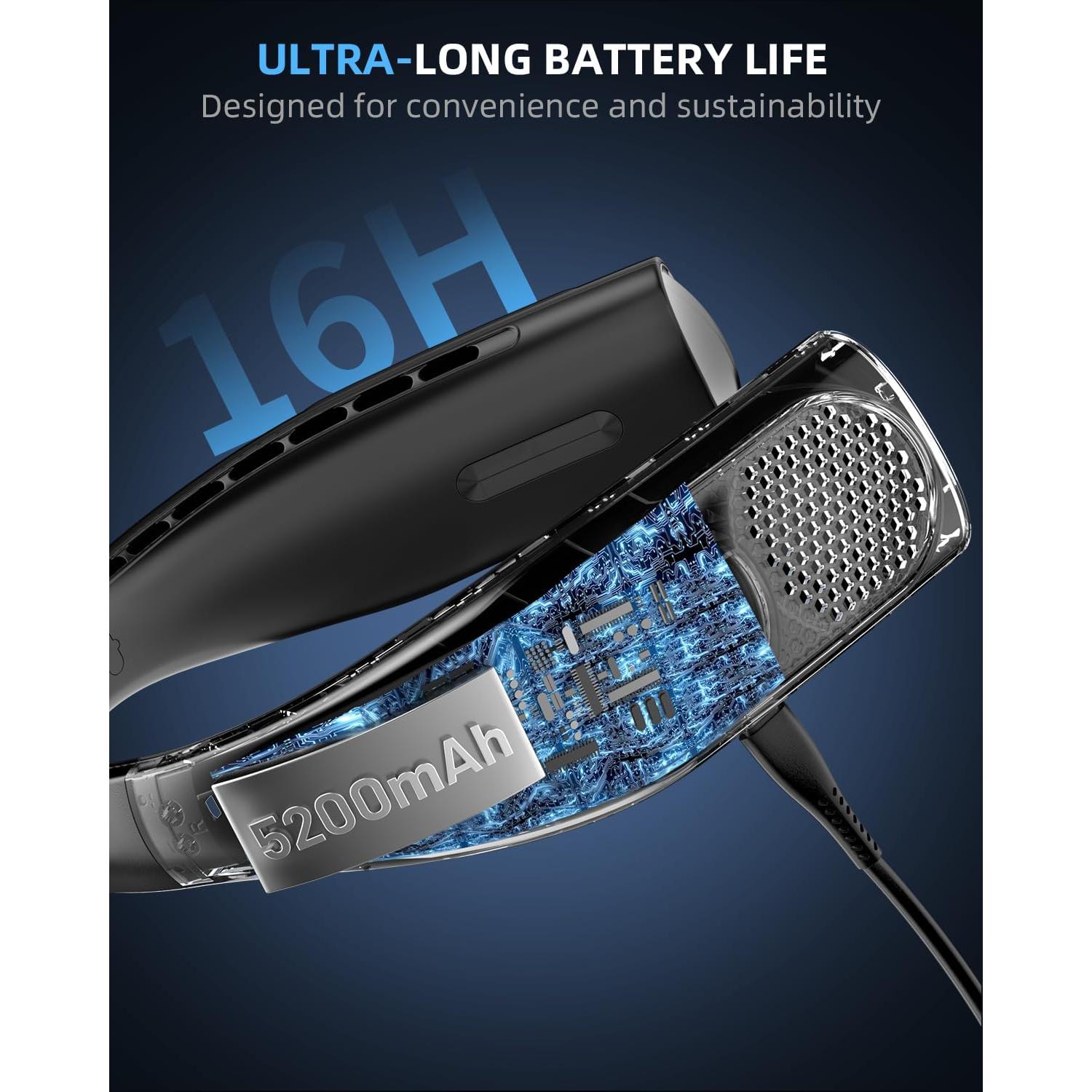 Ventilador de Cuello Portátil JIAGE S9 5200mAh 3 Velocidades Negro