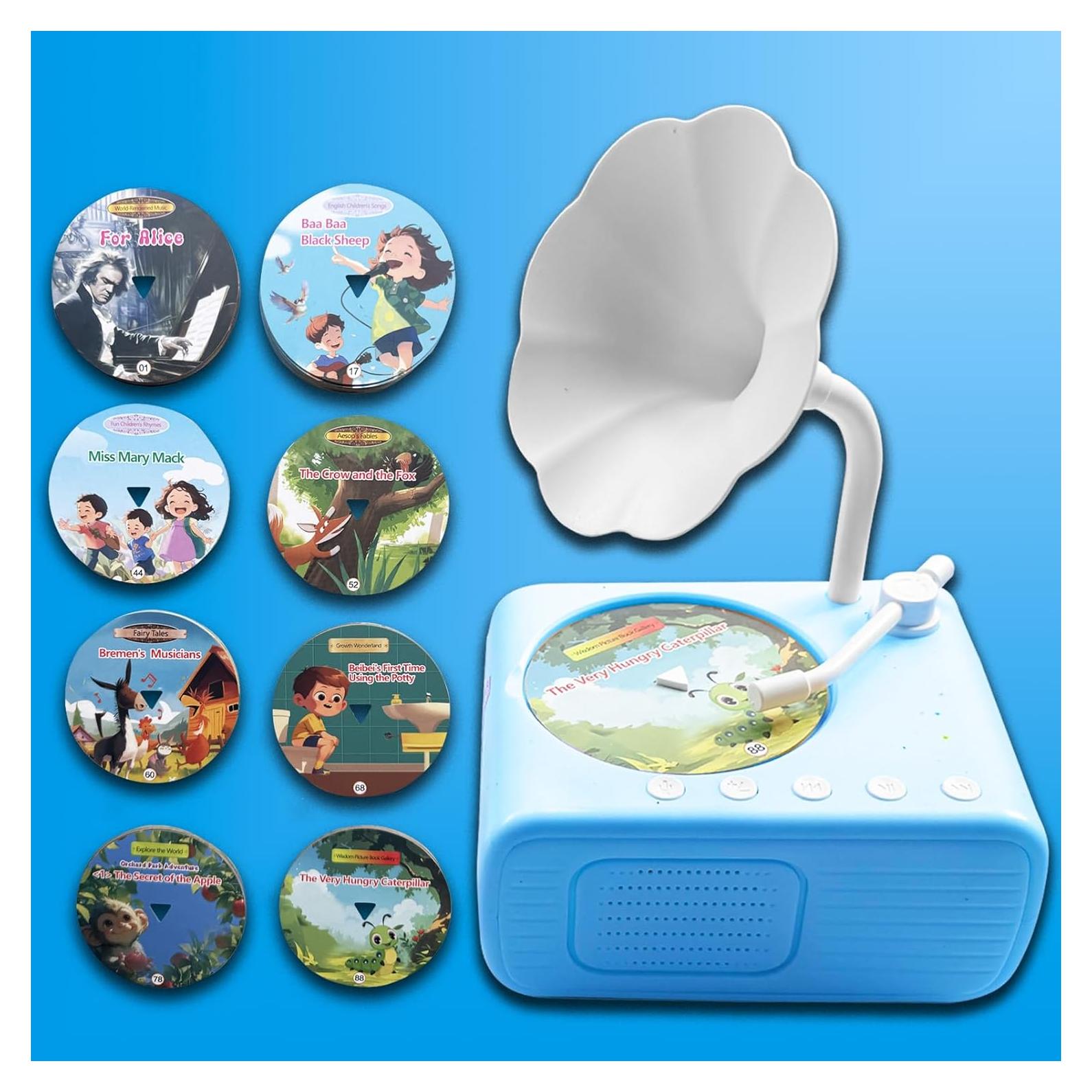Kids Music Record Player with Speakers - 96 Recorded & 8 DIY Discs, Bluetooth Song Story Machine, Portable Retro Phonograph Toy for Toddlers, Gifts for Boys Girls Ages 3-12 (Blue)