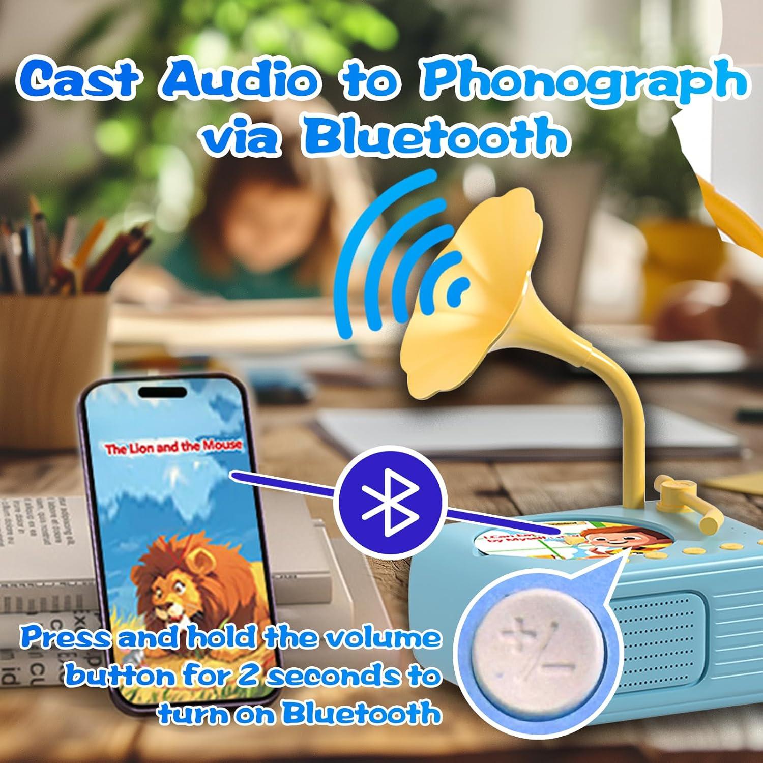 Kids Music Record Player with Speakers - 96 Recorded & 8 DIY Discs, Bluetooth Song Story Machine, Portable Retro Phonograph Toy for Toddlers, Gifts for Boys Girls Ages 3-12 (Blue)